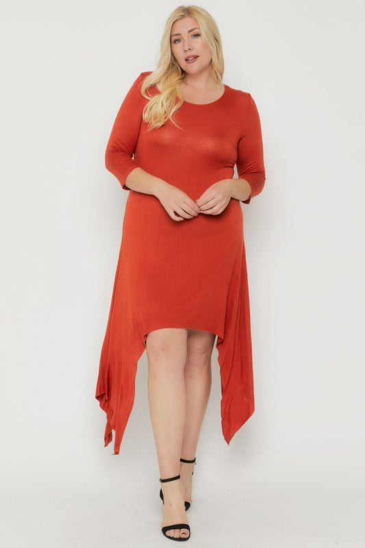 Plus Size Asymmetrical Raw Edge Hem Solid Dress Dresses jehouze Rust XL