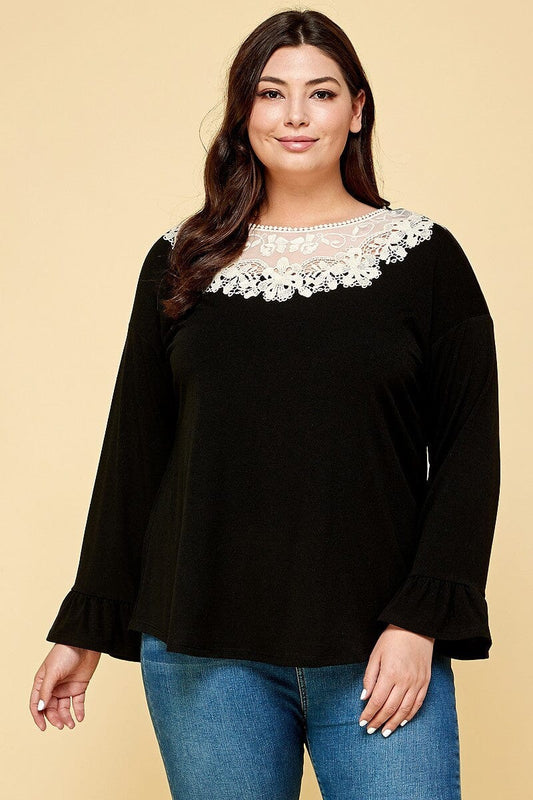 Plus Size Black Long Sleeve Lace Floral Top Shirts & Tops jehouze 1XL 