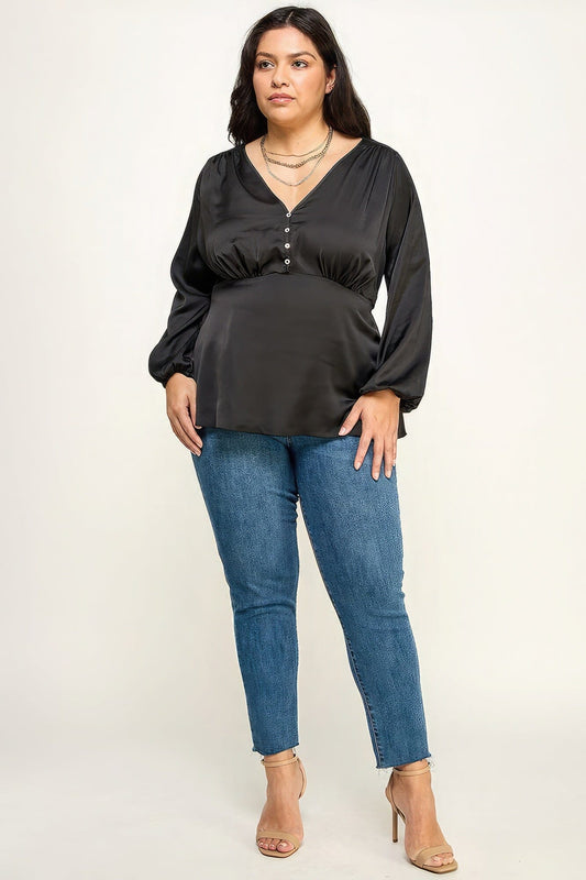 Plus Size Black Long Sleeve Peplum Blouse Top Shirts & Tops jehouze 1XL