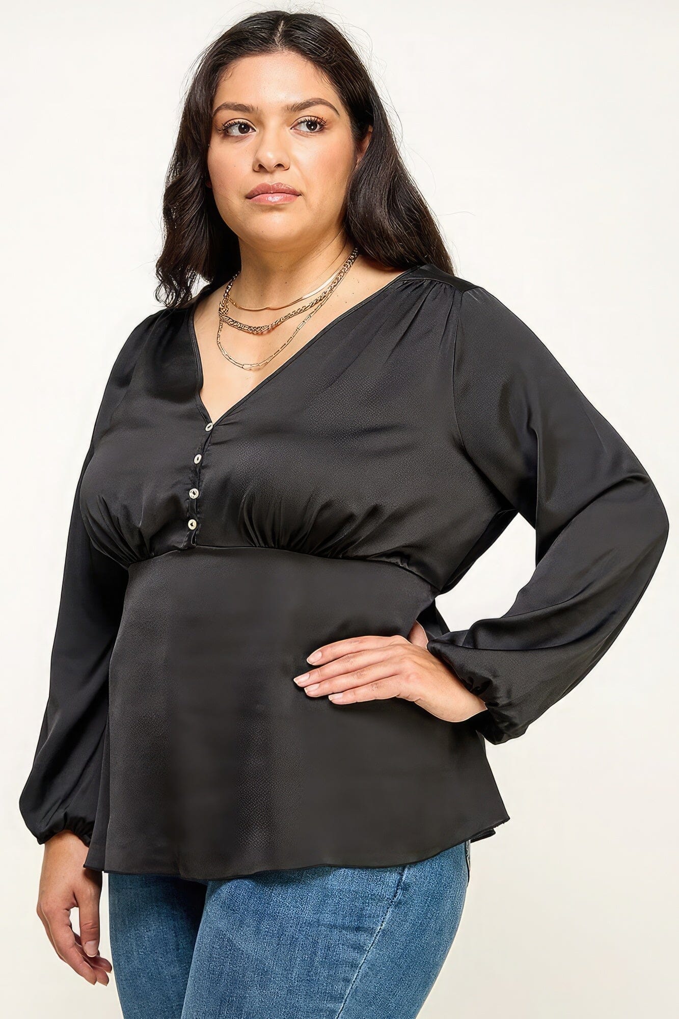 Plus Size Black Long Sleeve Peplum Blouse Top Shirts & Tops jehouze