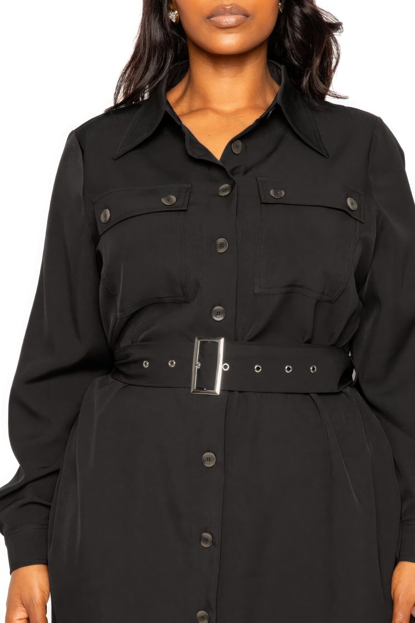 Plus Size Black Satin Belted Jacket Dress Dresses jehouze