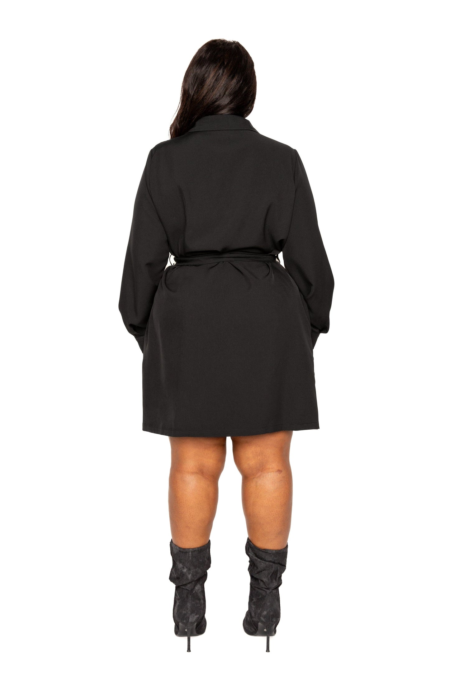 Plus Size Black Satin Belted Jacket Dress Dresses jehouze