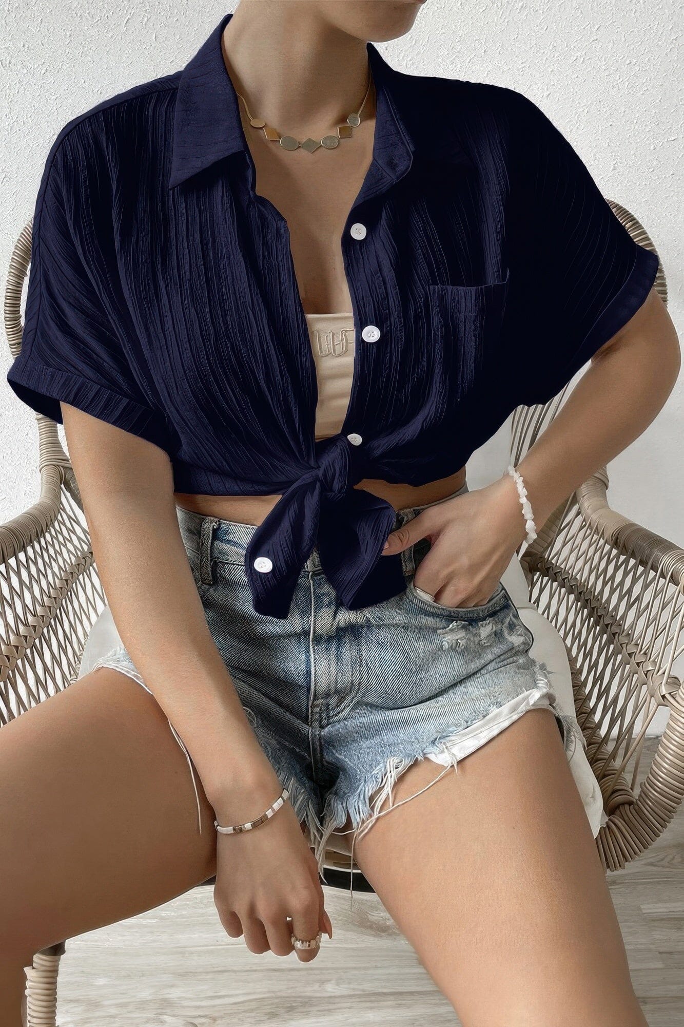 Plus Size Button Down Lapel Pockets Loose Solid Shirt Shirts & Tops jehouze