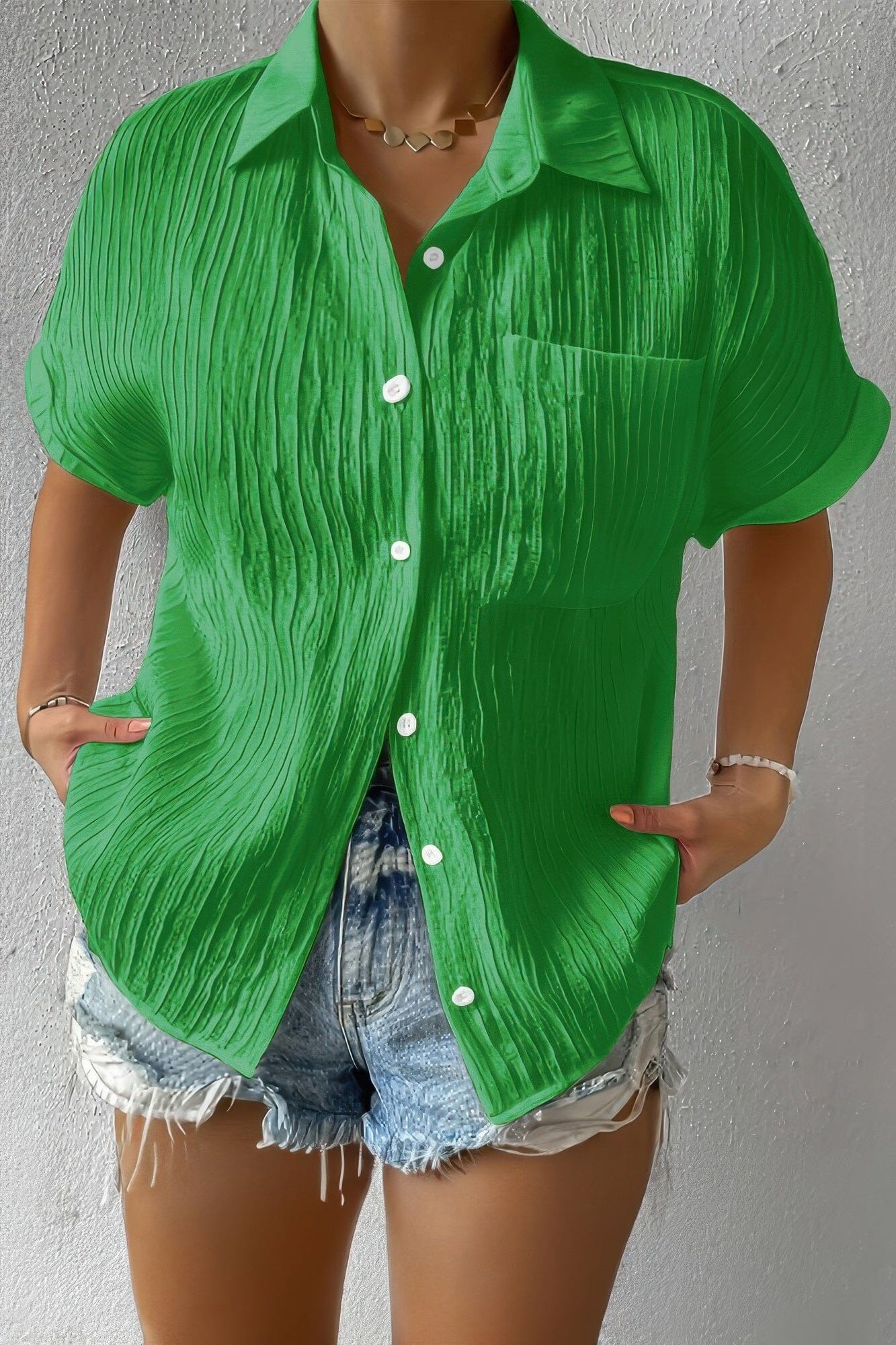 Plus Size Button Down Lapel Pockets Loose Solid Shirt Shirts & Tops jehouze Green 1XL