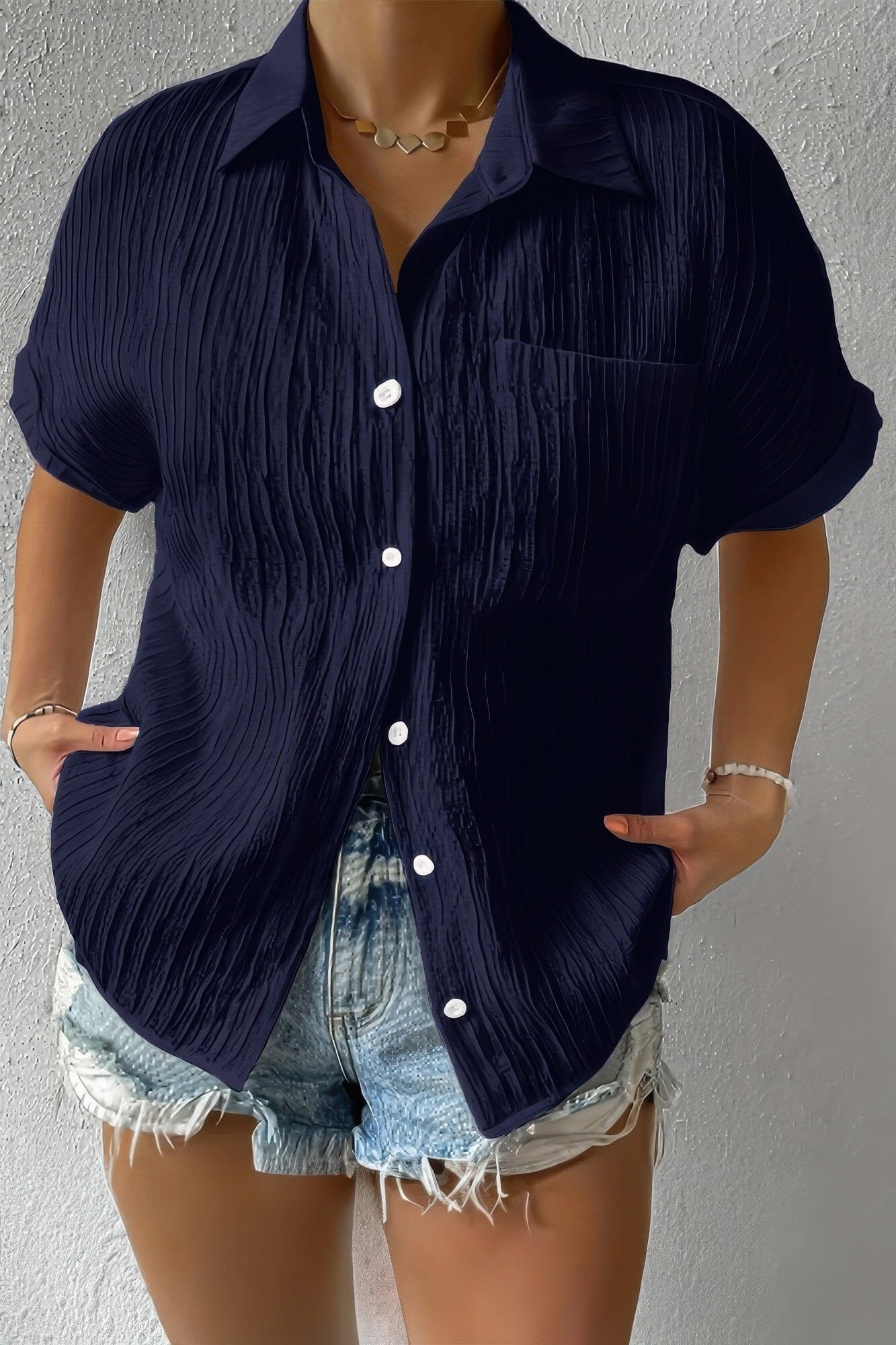 Plus Size Button Down Lapel Pockets Loose Solid Shirt Shirts & Tops jehouze Navy 1XL