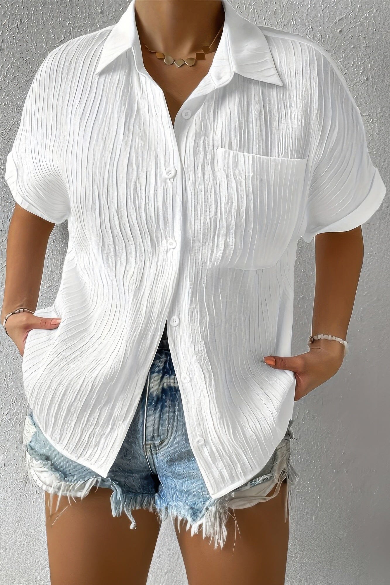Plus Size Button Down Lapel Pockets Loose Solid Shirt Shirts & Tops jehouze White 1XL