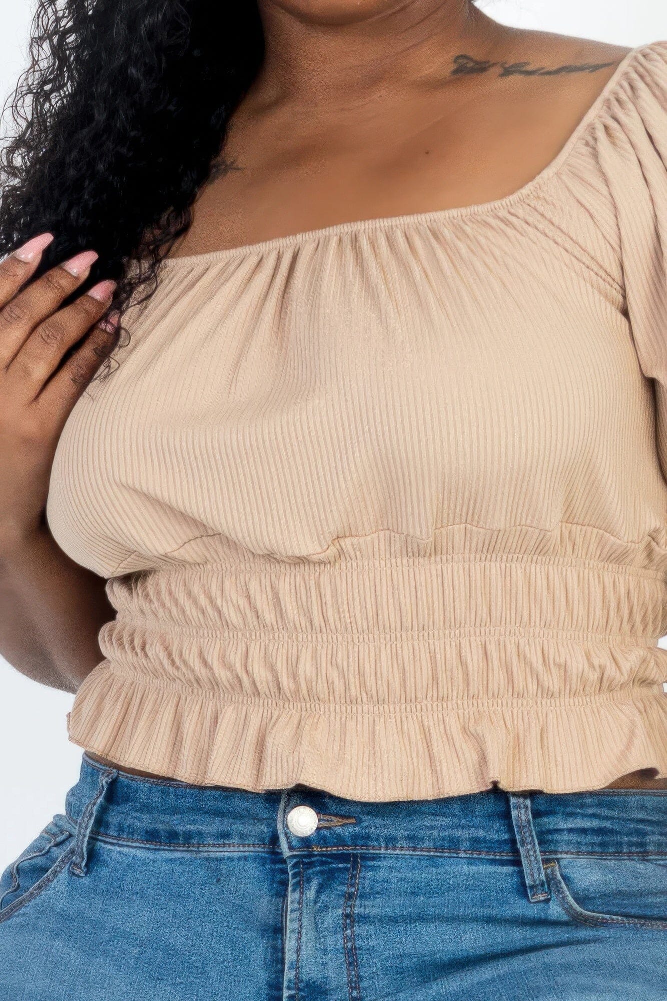 Plus size casual ruched puff sleeve ribbed knit solid top Shirts & Tops jehouze