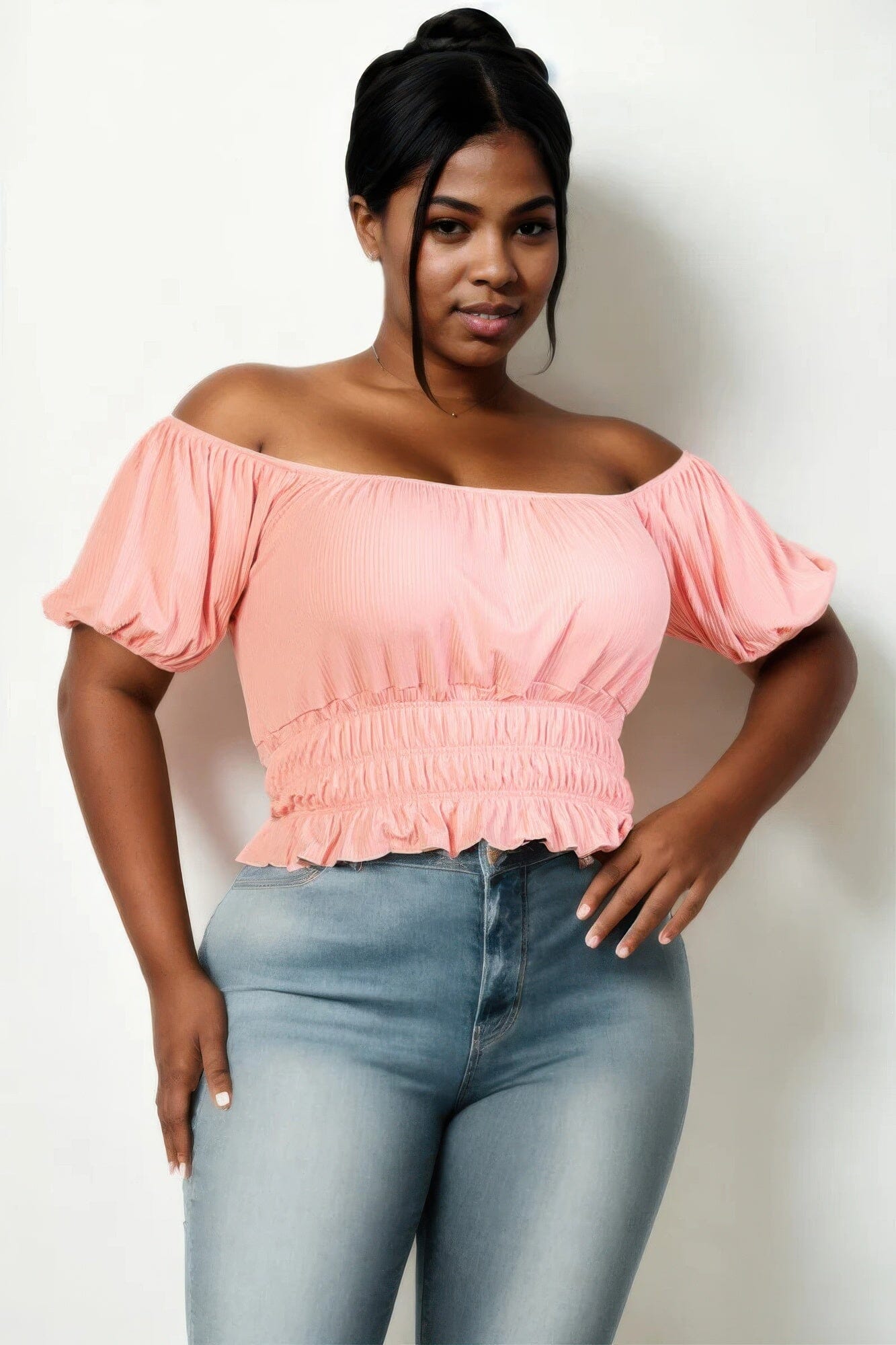Plus size casual ruched puff sleeve ribbed knit solid top Shirts & Tops jehouze