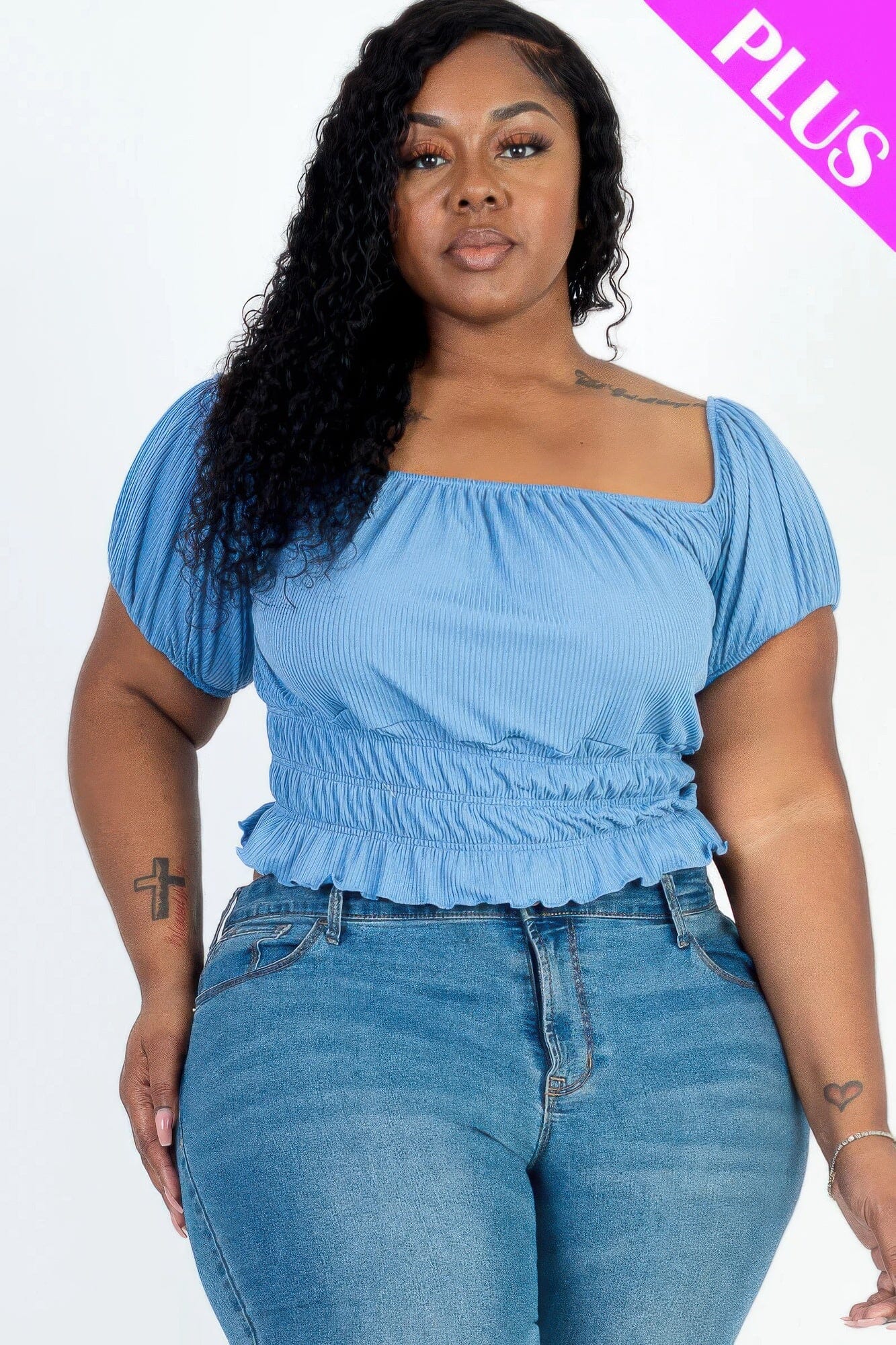 Plus size casual ruched puff sleeve ribbed knit solid top Shirts & Tops jehouze