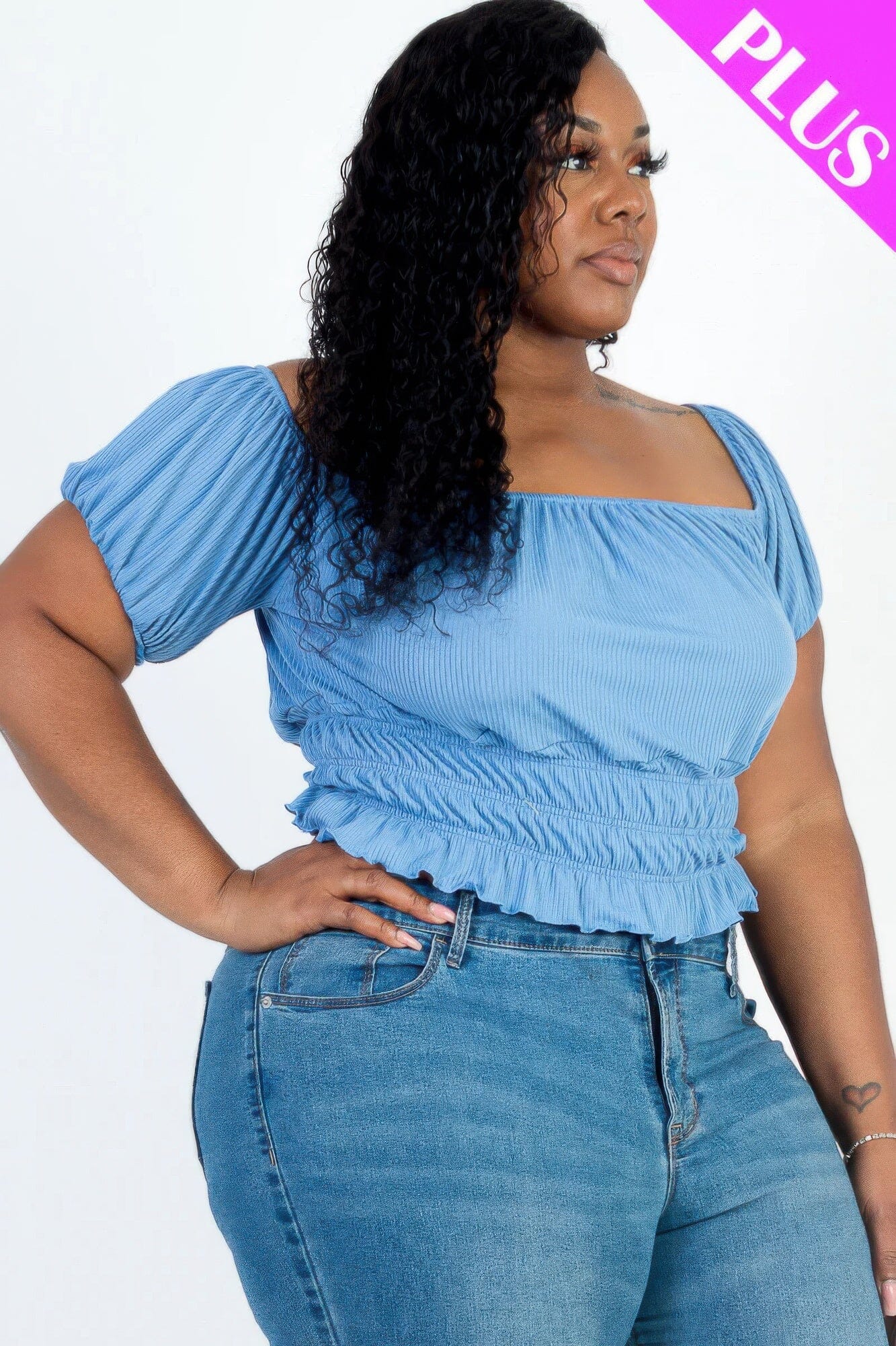 Plus size casual ruched puff sleeve ribbed knit solid top Shirts & Tops jehouze