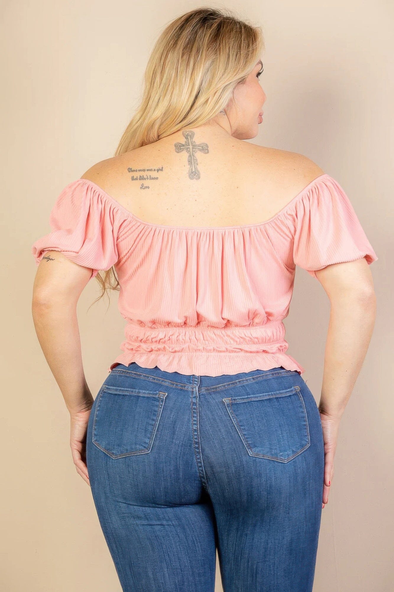 Plus size casual ruched puff sleeve ribbed knit solid top Shirts & Tops jehouze