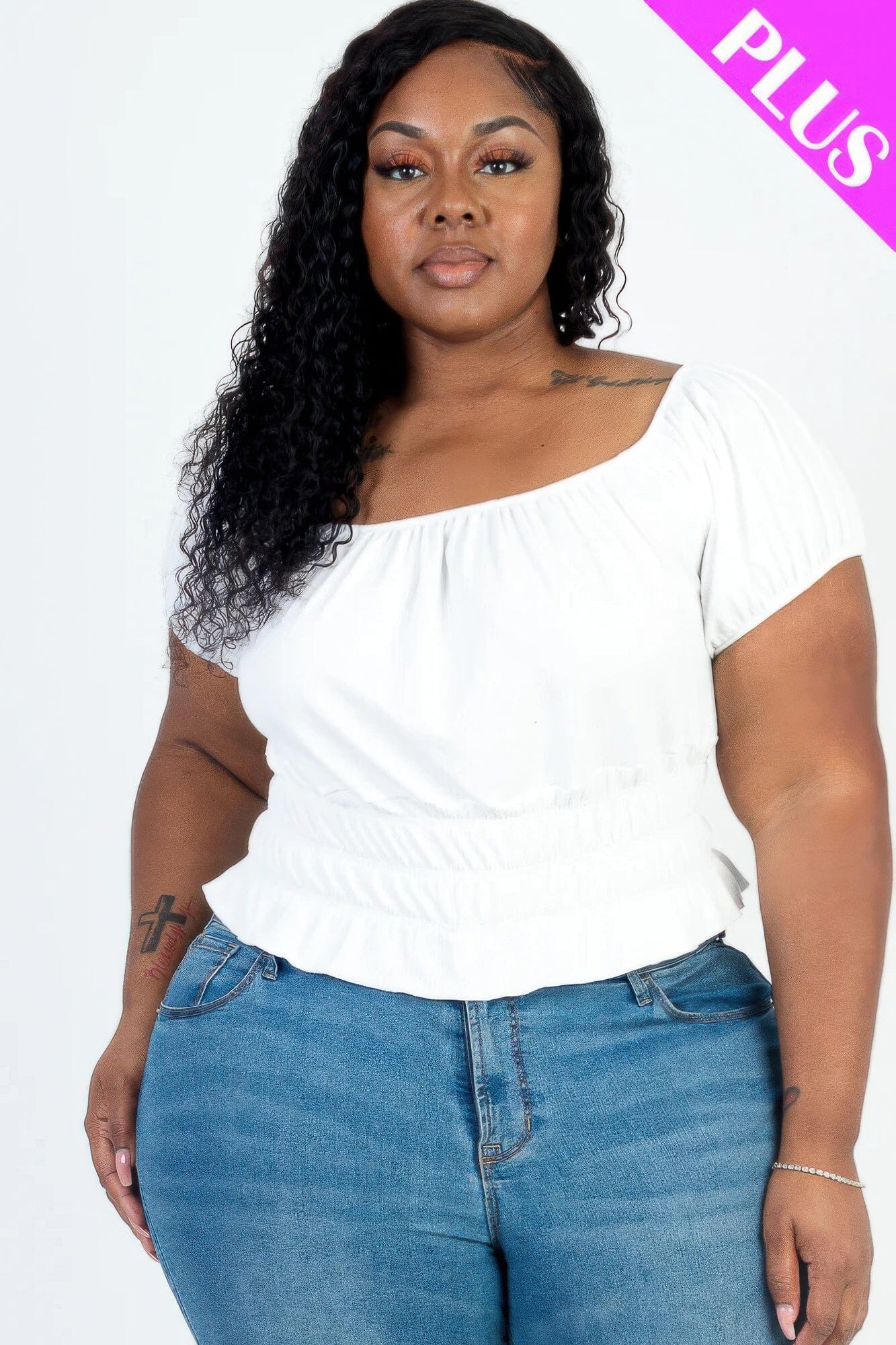 Plus size casual ruched puff sleeve ribbed knit solid top Shirts & Tops jehouze