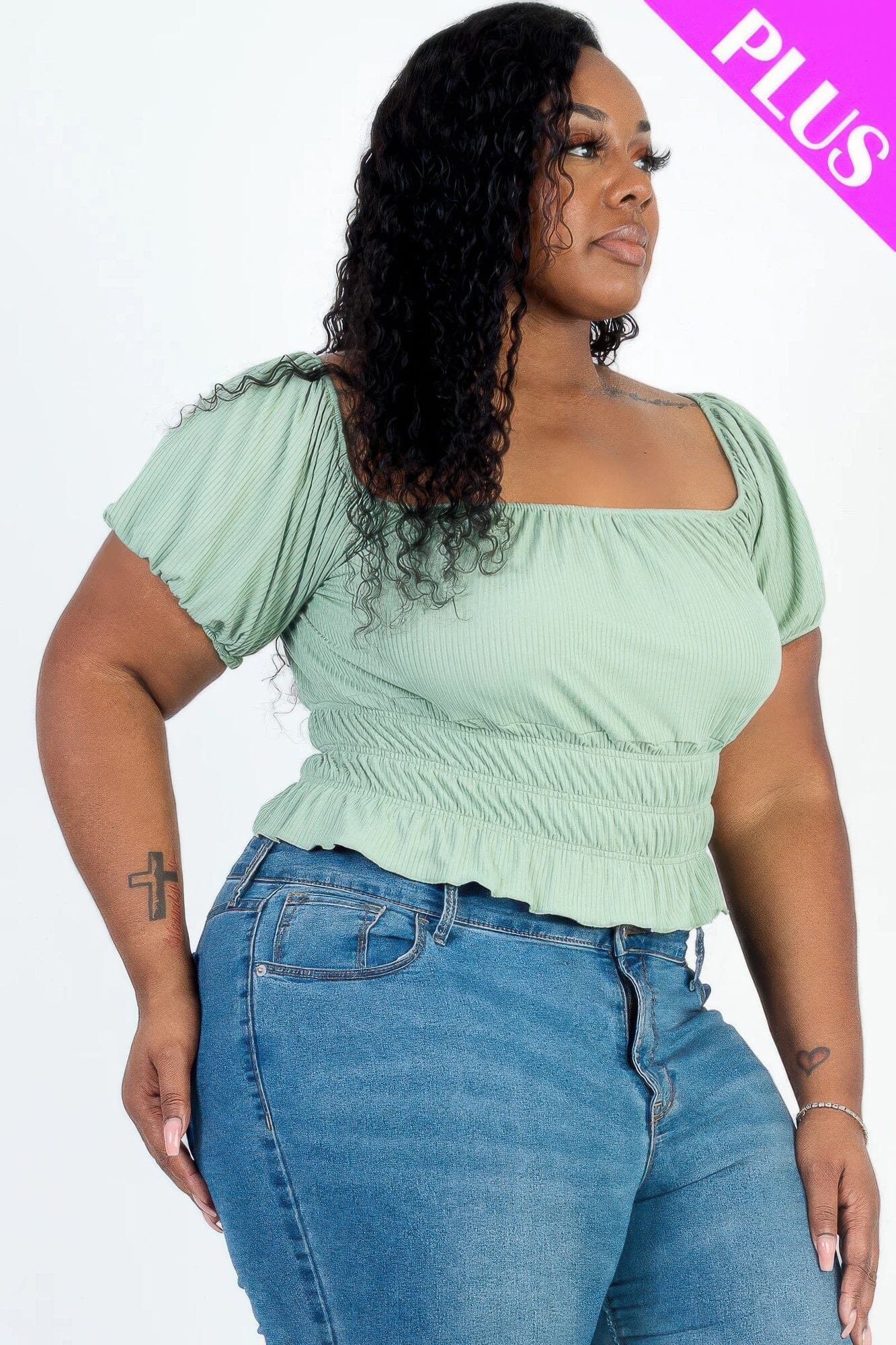 Plus size casual ruched puff sleeve ribbed knit solid top Shirts & Tops jehouze