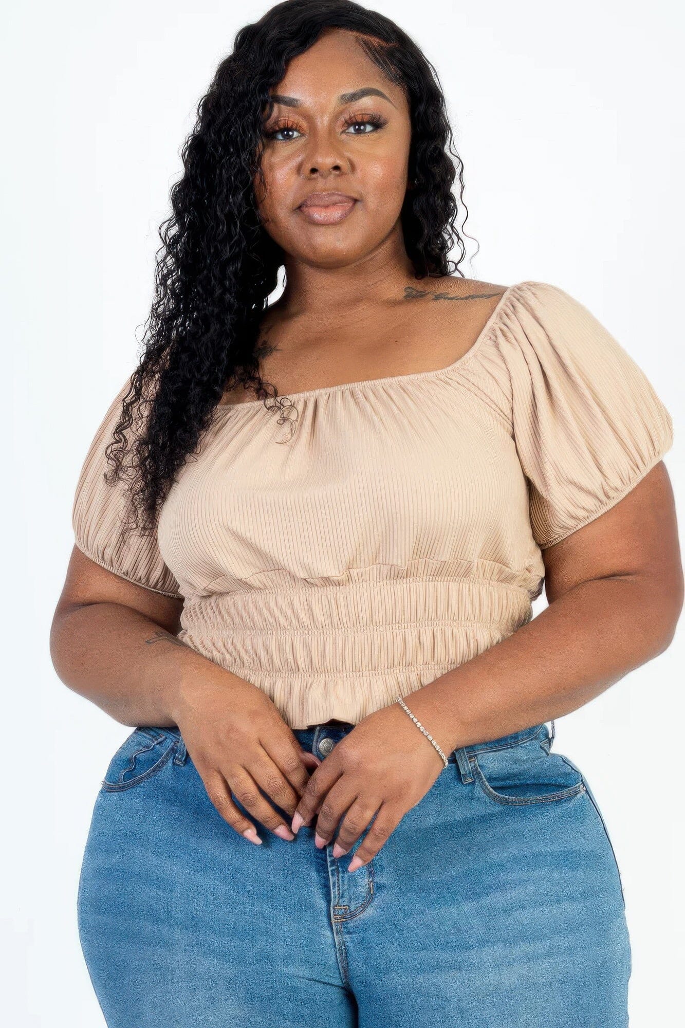 Plus size casual ruched puff sleeve ribbed knit solid top Shirts & Tops jehouze