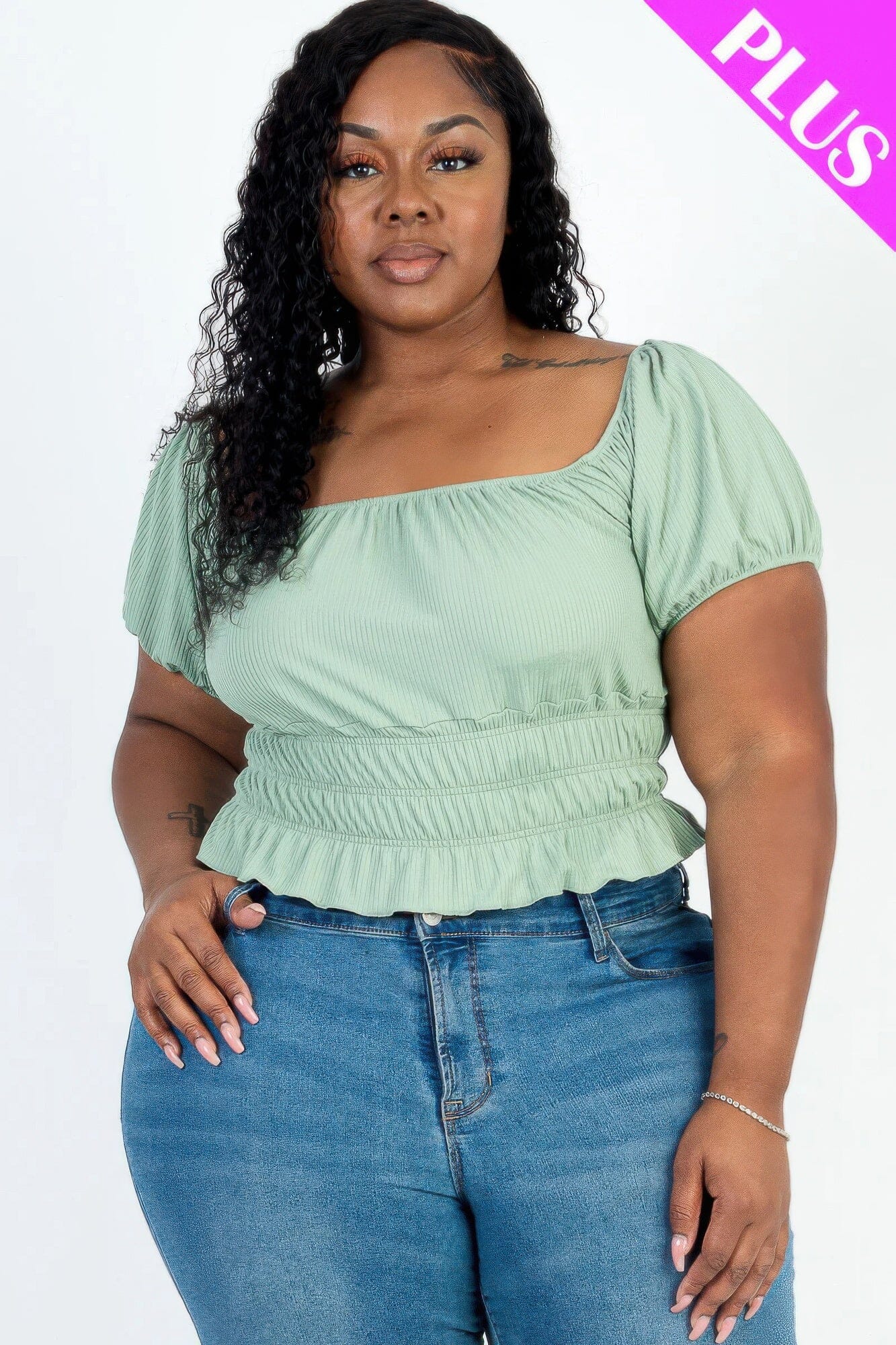 Plus size casual ruched puff sleeve ribbed knit solid top Shirts & Tops jehouze