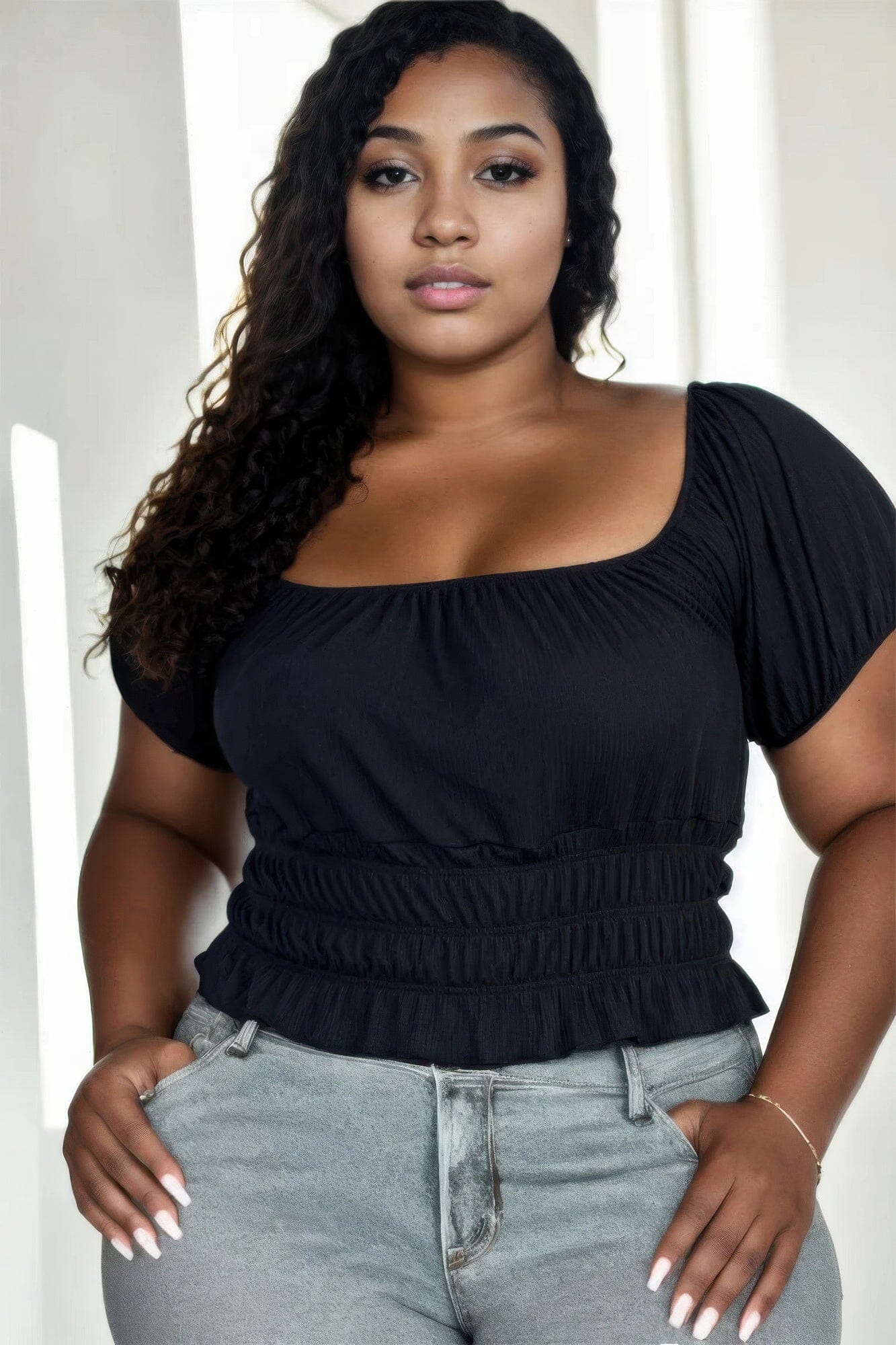 Plus size casual ruched puff sleeve ribbed knit solid top Shirts & Tops jehouze