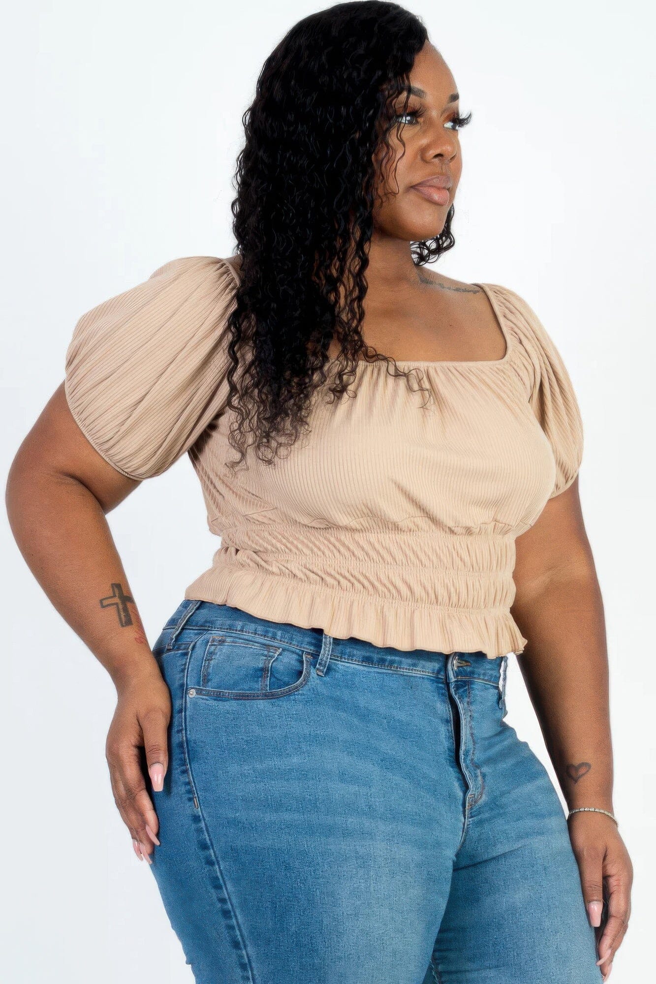 Plus size casual ruched puff sleeve ribbed knit solid top Shirts & Tops jehouze