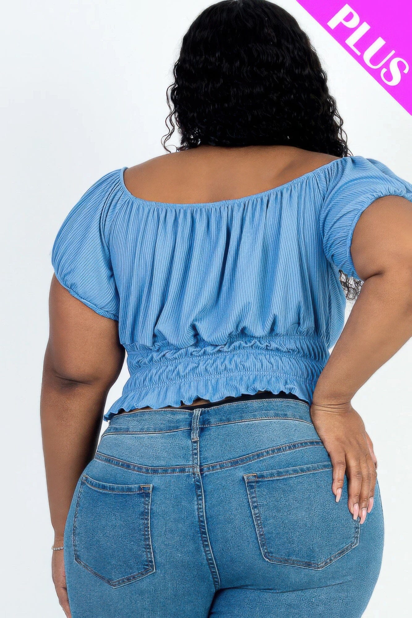 Plus size casual ruched puff sleeve ribbed knit solid top Shirts & Tops jehouze