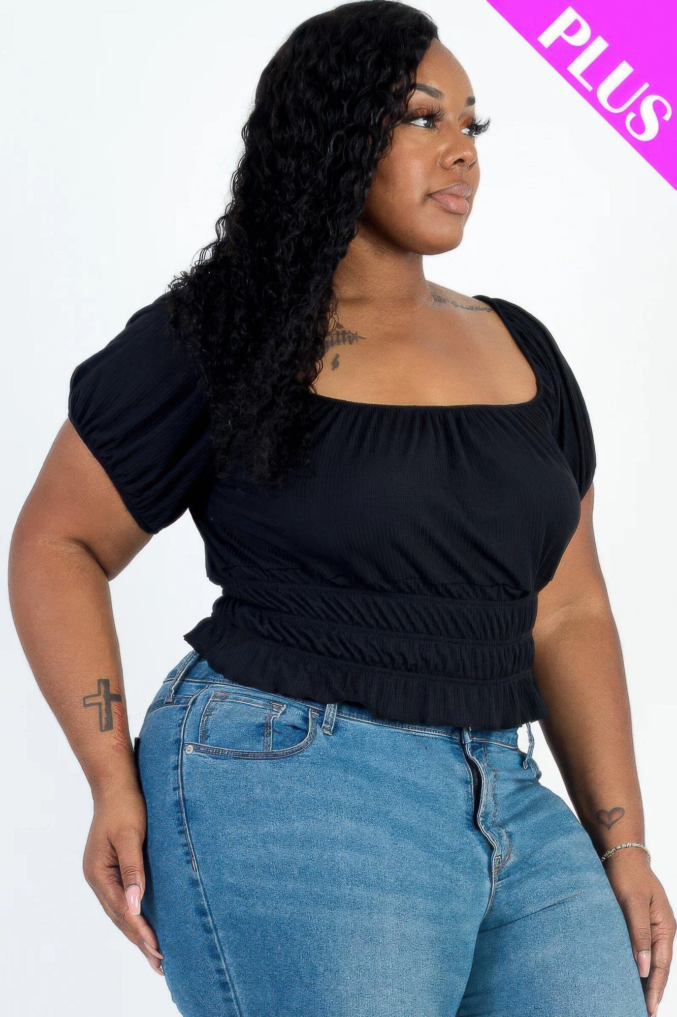 Plus size casual ruched puff sleeve ribbed knit solid top Shirts & Tops jehouze