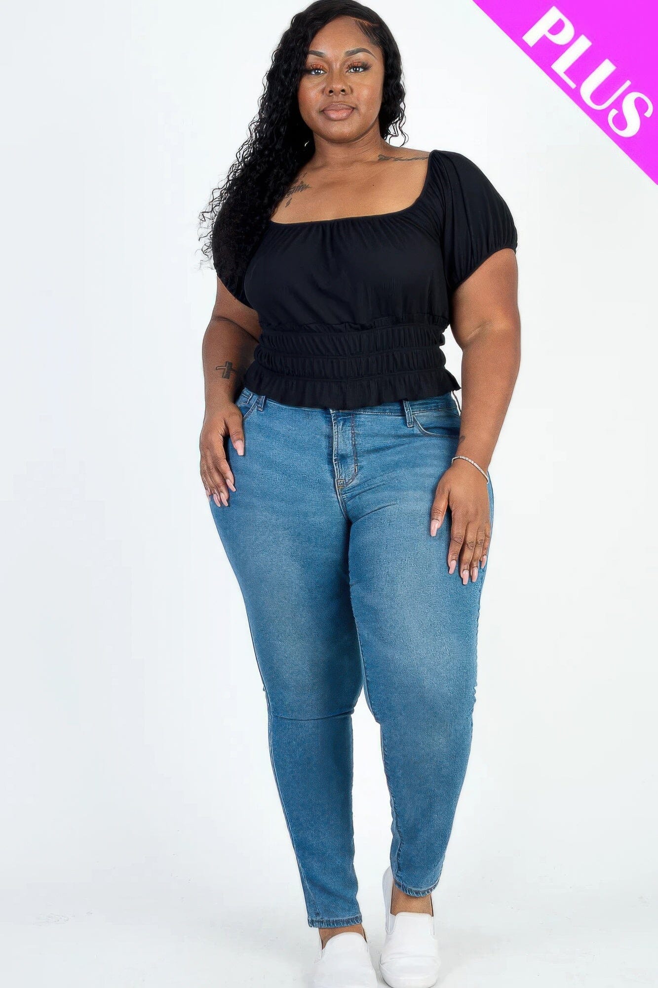 Plus size casual ruched puff sleeve ribbed knit solid top Shirts & Tops jehouze Black 1XL