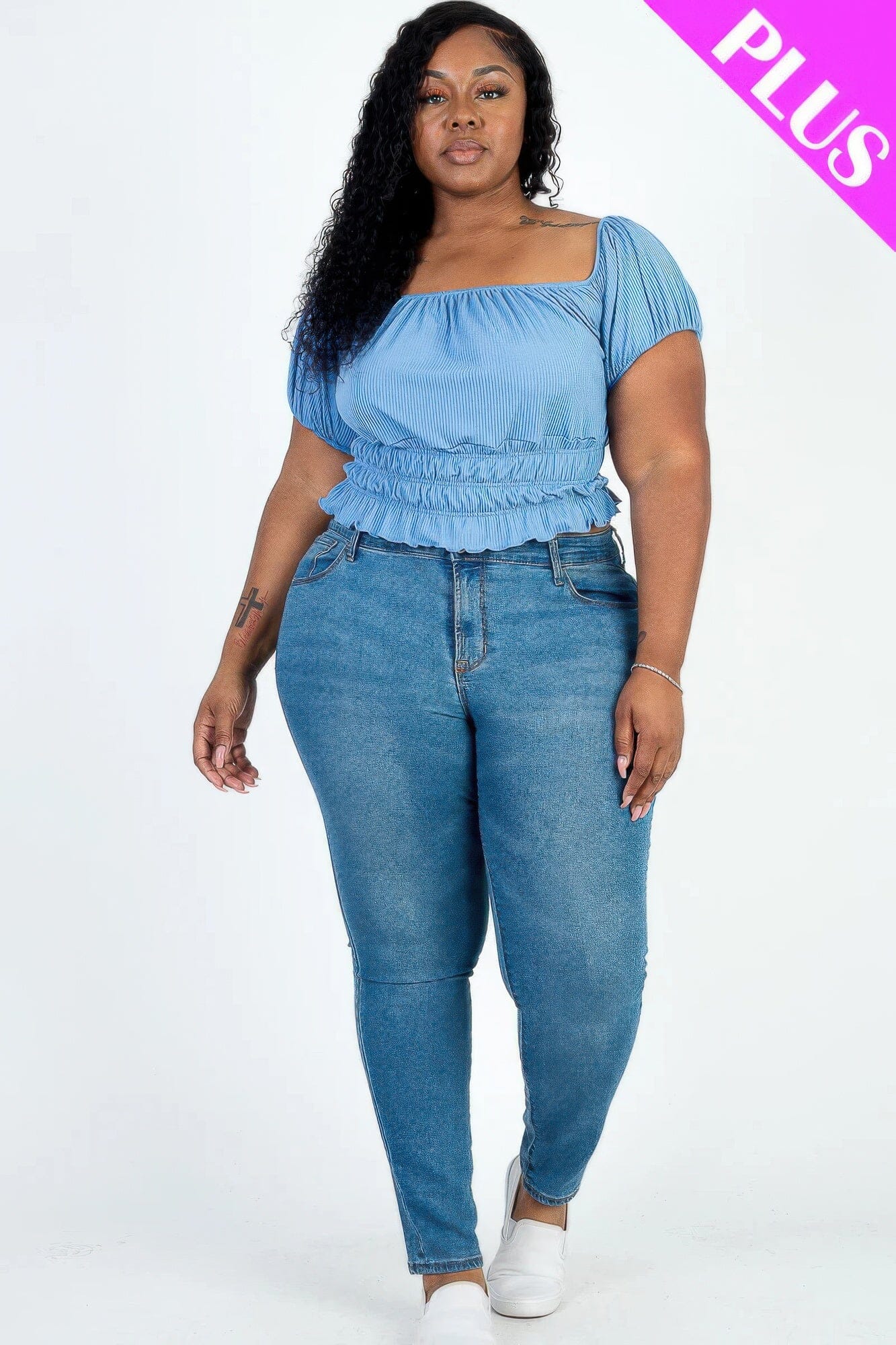 Plus size casual ruched puff sleeve ribbed knit solid top Shirts & Tops jehouze Cloud 1XL