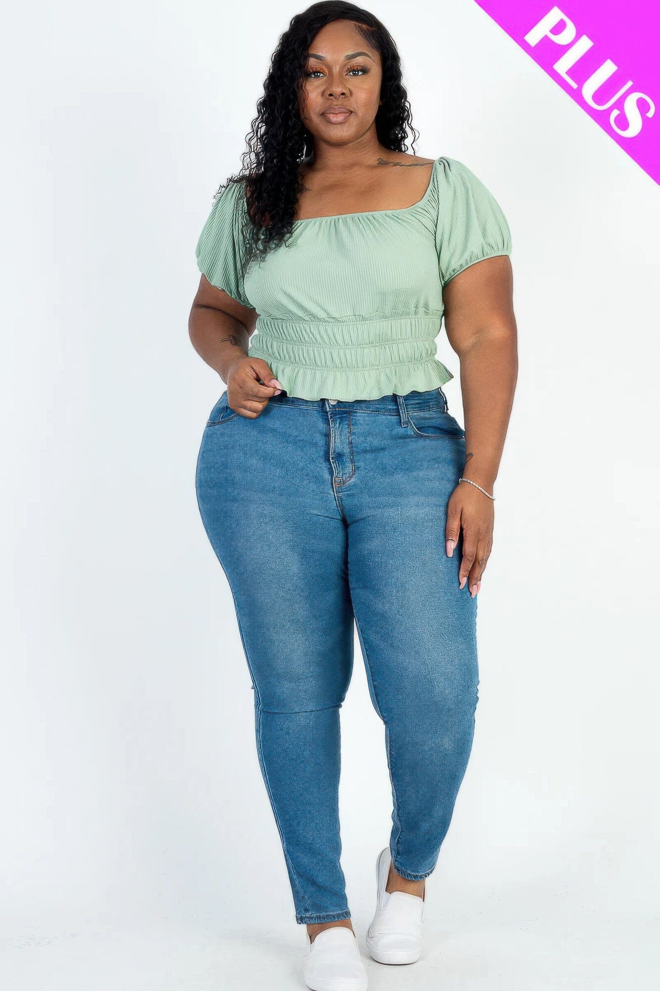 Plus size casual ruched puff sleeve ribbed knit solid top Shirts & Tops jehouze Green Bay 1XL