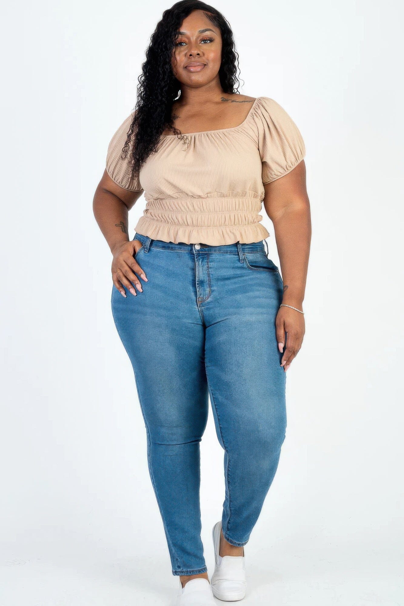 Plus size casual ruched puff sleeve ribbed knit solid top Shirts & Tops jehouze Latte 1XL