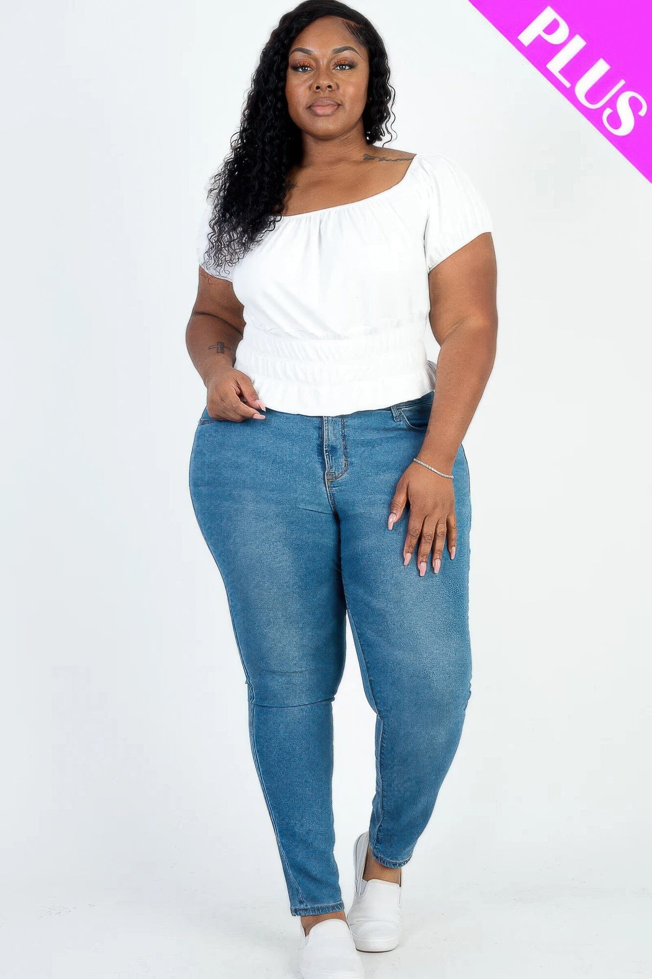Plus size casual ruched puff sleeve ribbed knit solid top Shirts & Tops jehouze White 1XL