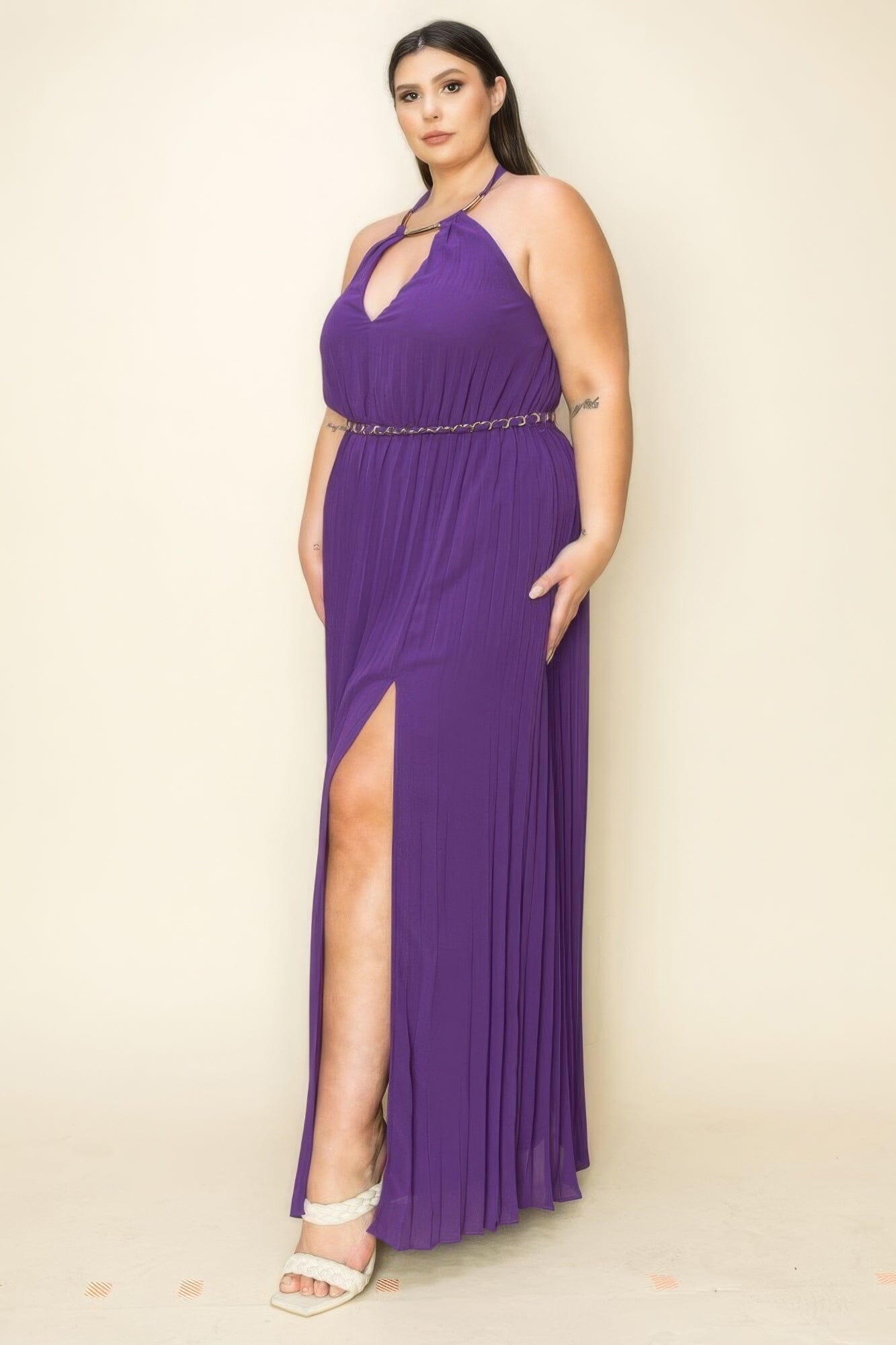 Plus Size Chiffon Pleated Gold Trim Neck & Belt Cut Out Chest Maxi Dress Dresses jehouze