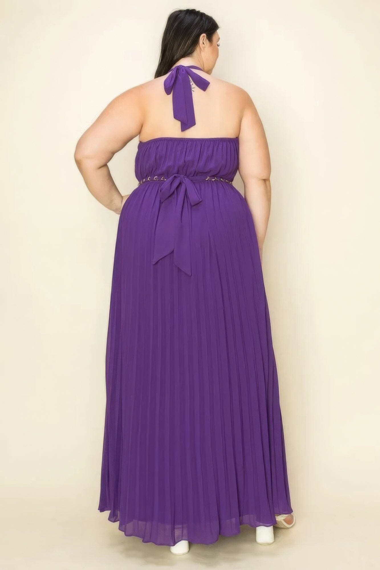 Plus Size Chiffon Pleated Gold Trim Neck & Belt Cut Out Chest Maxi Dress Dresses jehouze