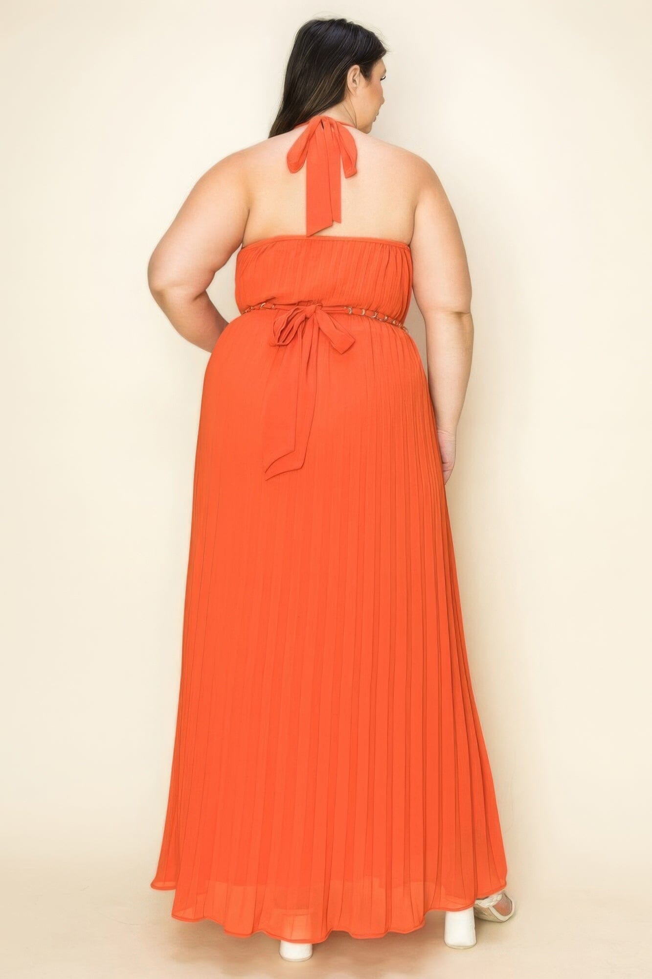 Plus Size Chiffon Pleated Gold Trim Neck & Belt Cut Out Chest Maxi Dress Dresses jehouze
