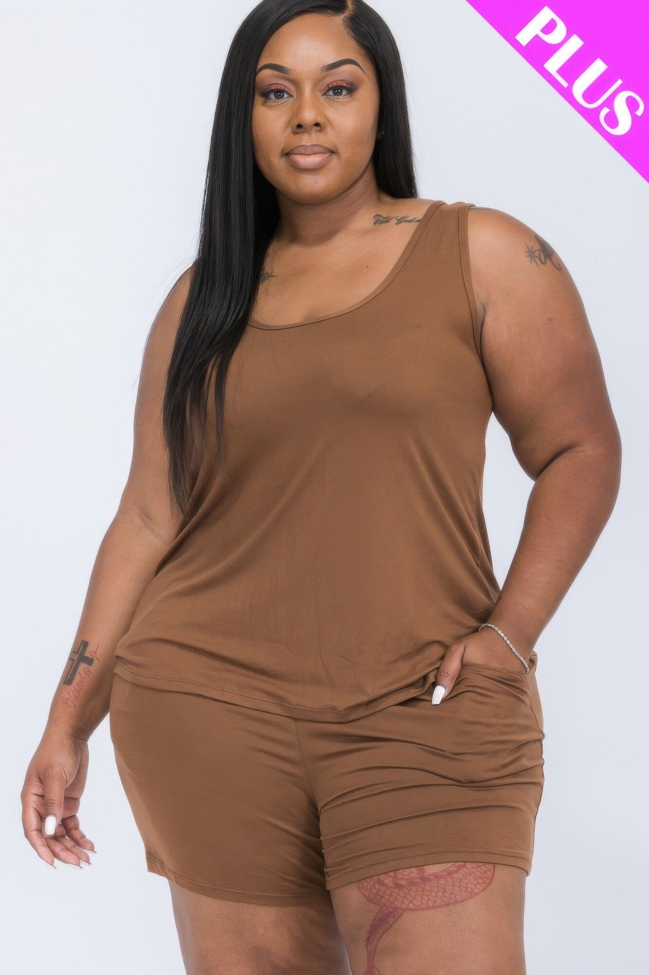 Plus Size Comfy Tank Top & Shorts loungewear Set_ Loungewear jehouze Downtown Brown 1XL