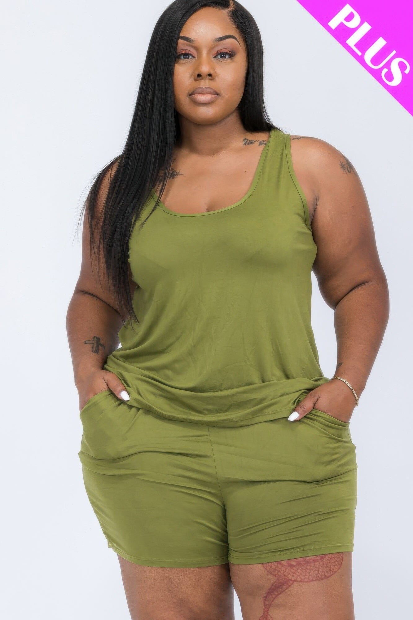 Plus Size Comfy Tank Top & Shorts loungewear Set_ Loungewear jehouze Olive Branch 1XL