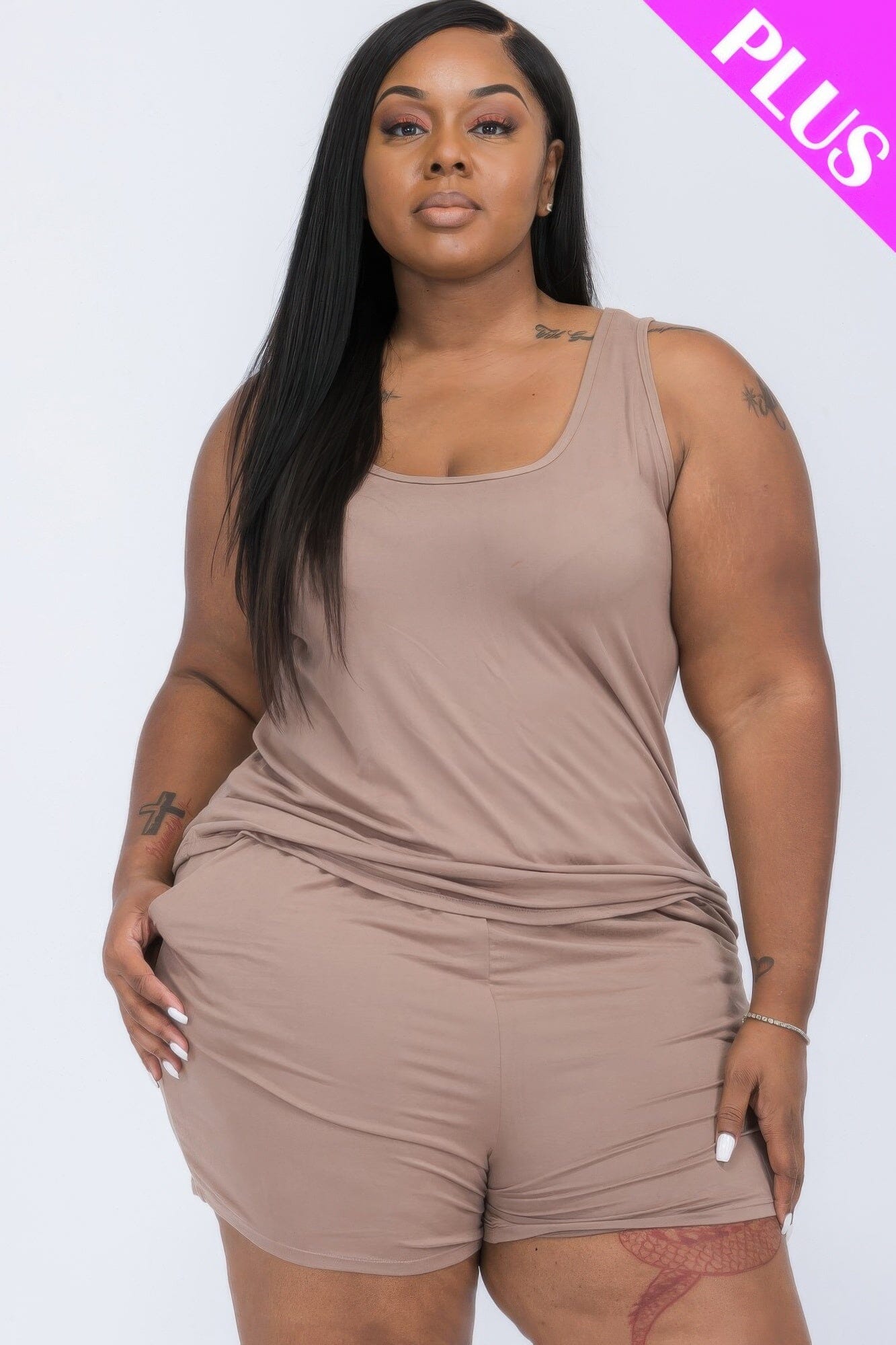 Plus Size Comfy Tank Top & Shorts loungewear Set_ Loungewear jehouze Taupe Gray 1XL