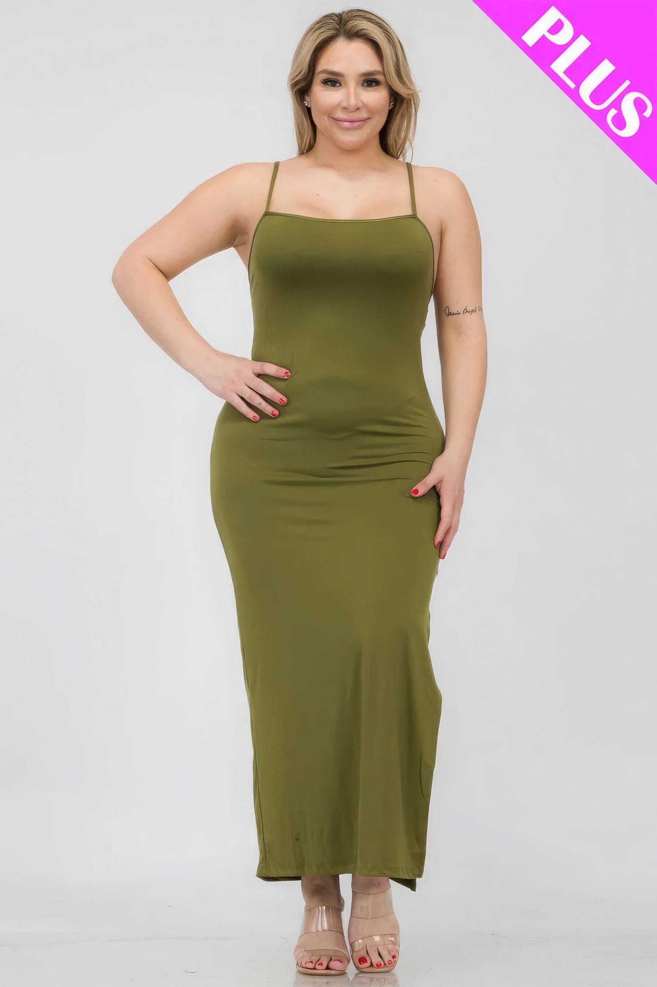 Plus Size Crisscross Back Split Thigh Maxi Dress Dresses jehouze Olive Branch 1XL