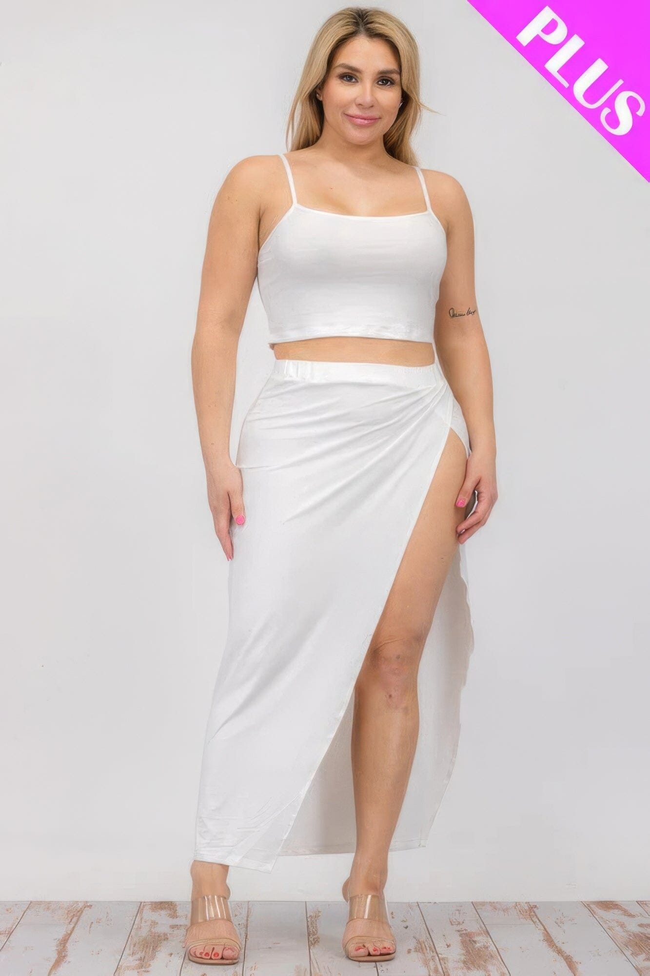 Plus Size Crop Cami & Split Thigh Maxi Skirt Set Outfit Sets jehouze