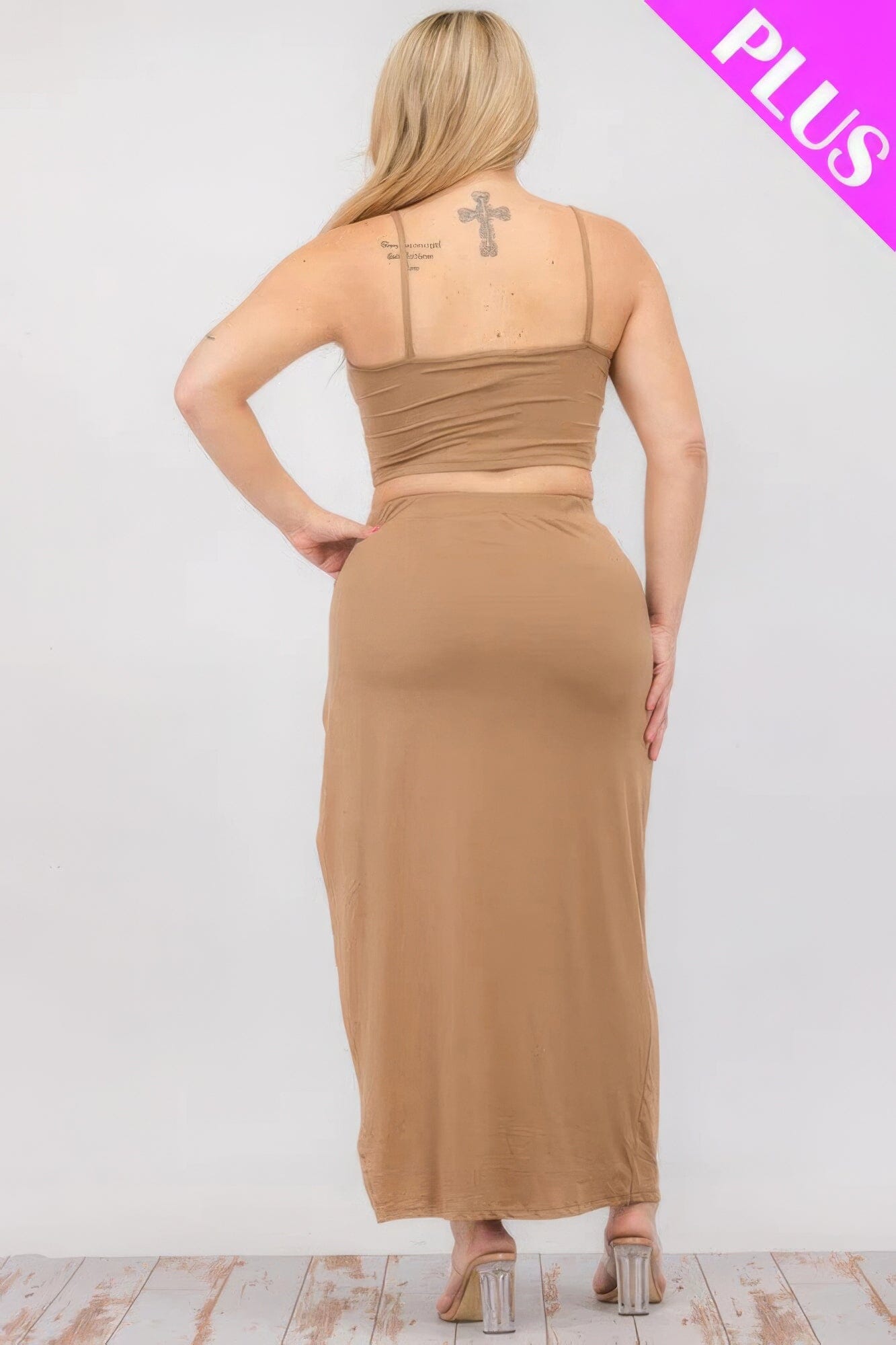 Plus Size Crop Cami & Split Thigh Maxi Skirt Set Outfit Sets jehouze