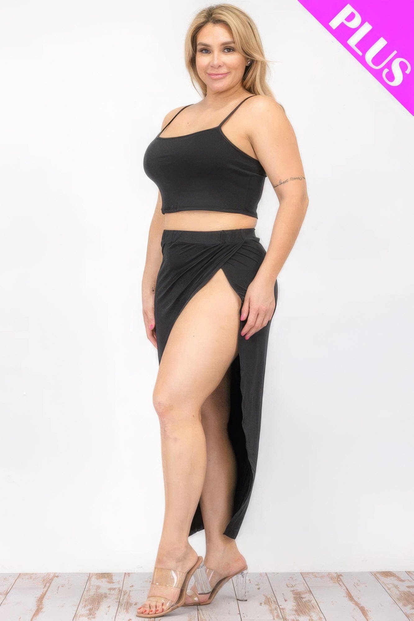 Plus Size Crop Cami & Split Thigh Maxi Skirt Set Outfit Sets jehouze