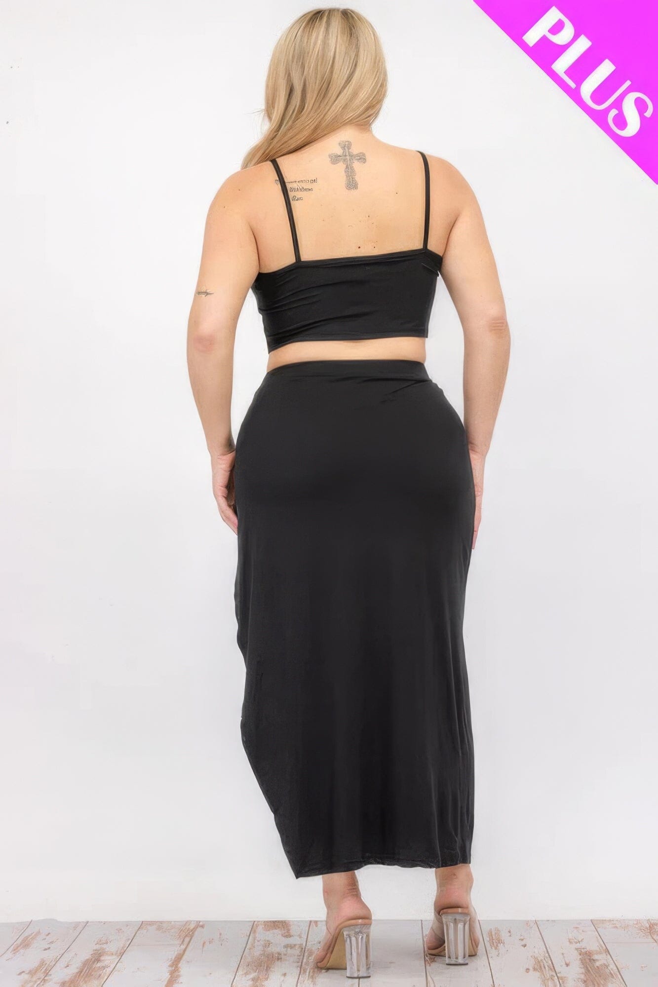 Plus Size Crop Cami & Split Thigh Maxi Skirt Set Outfit Sets jehouze