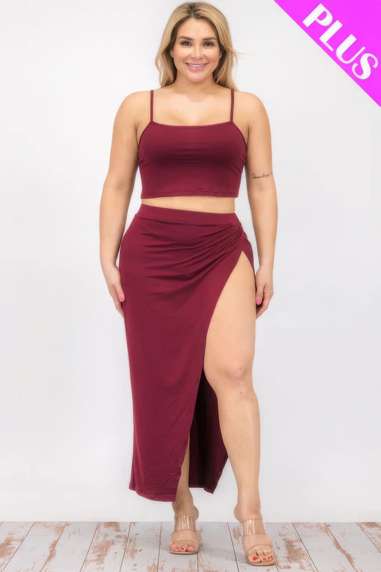 Plus Size Crop Cami & Split Thigh Maxi Skirt Set Outfit Sets jehouze
