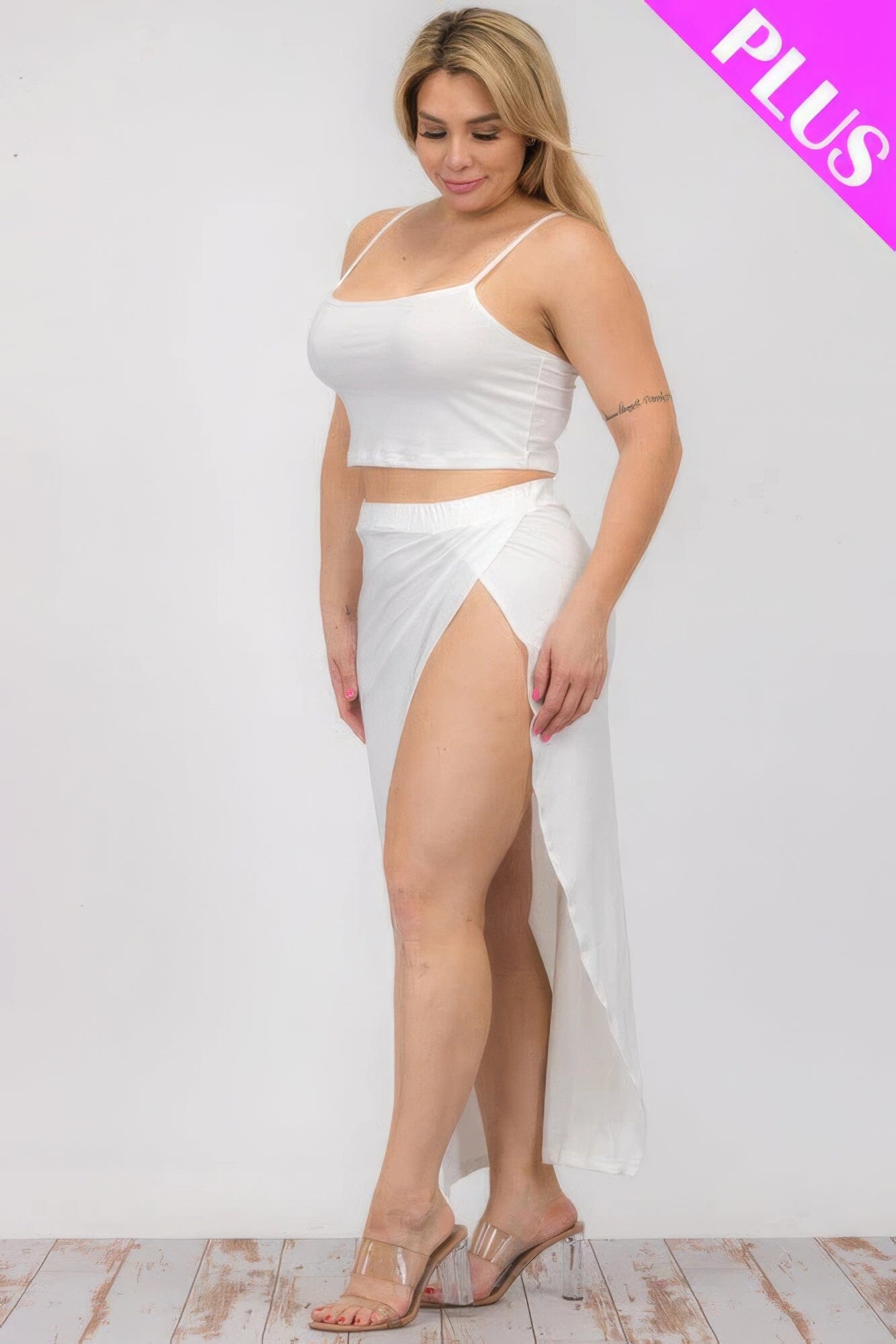 Plus Size Crop Cami & Split Thigh Maxi Skirt Set Outfit Sets jehouze