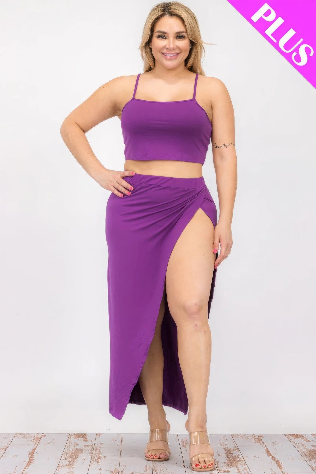 Plus Size Crop Cami & Split Thigh Maxi Skirt Set Outfit Sets jehouze