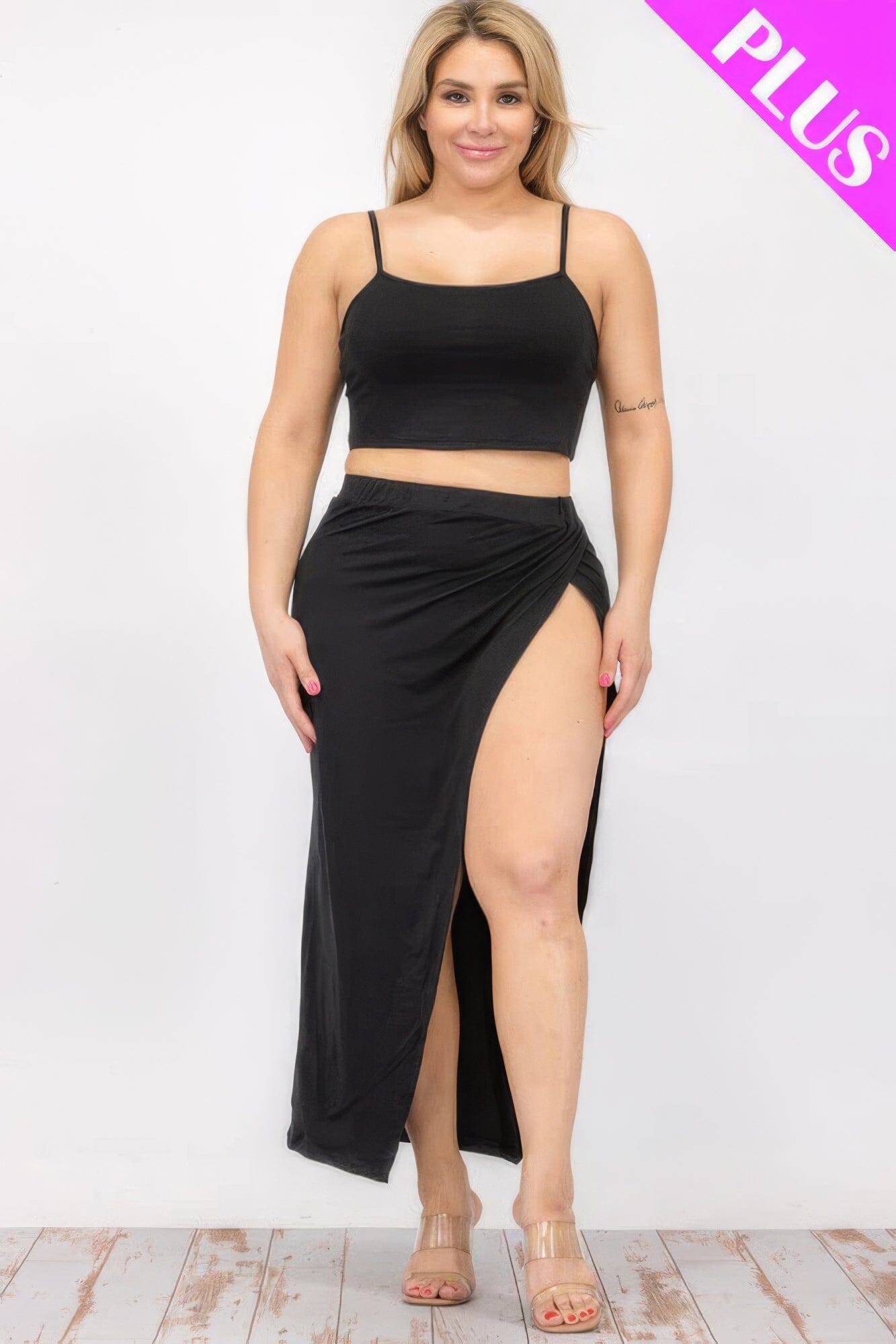 Plus Size Crop Cami & Split Thigh Maxi Skirt Set Outfit Sets jehouze