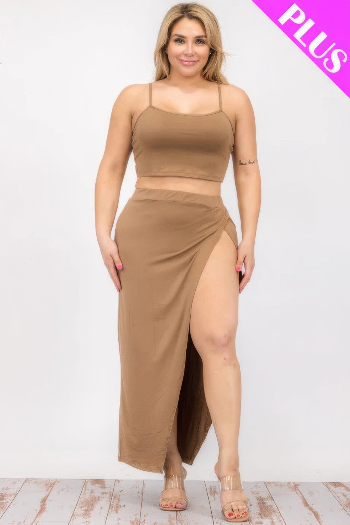 Plus Size Crop Cami & Split Thigh Maxi Skirt Set Outfit Sets jehouze