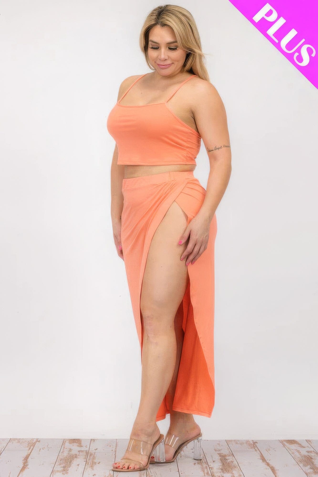 Plus Size Crop Cami & Split Thigh Maxi Skirt Set Outfit Sets jehouze