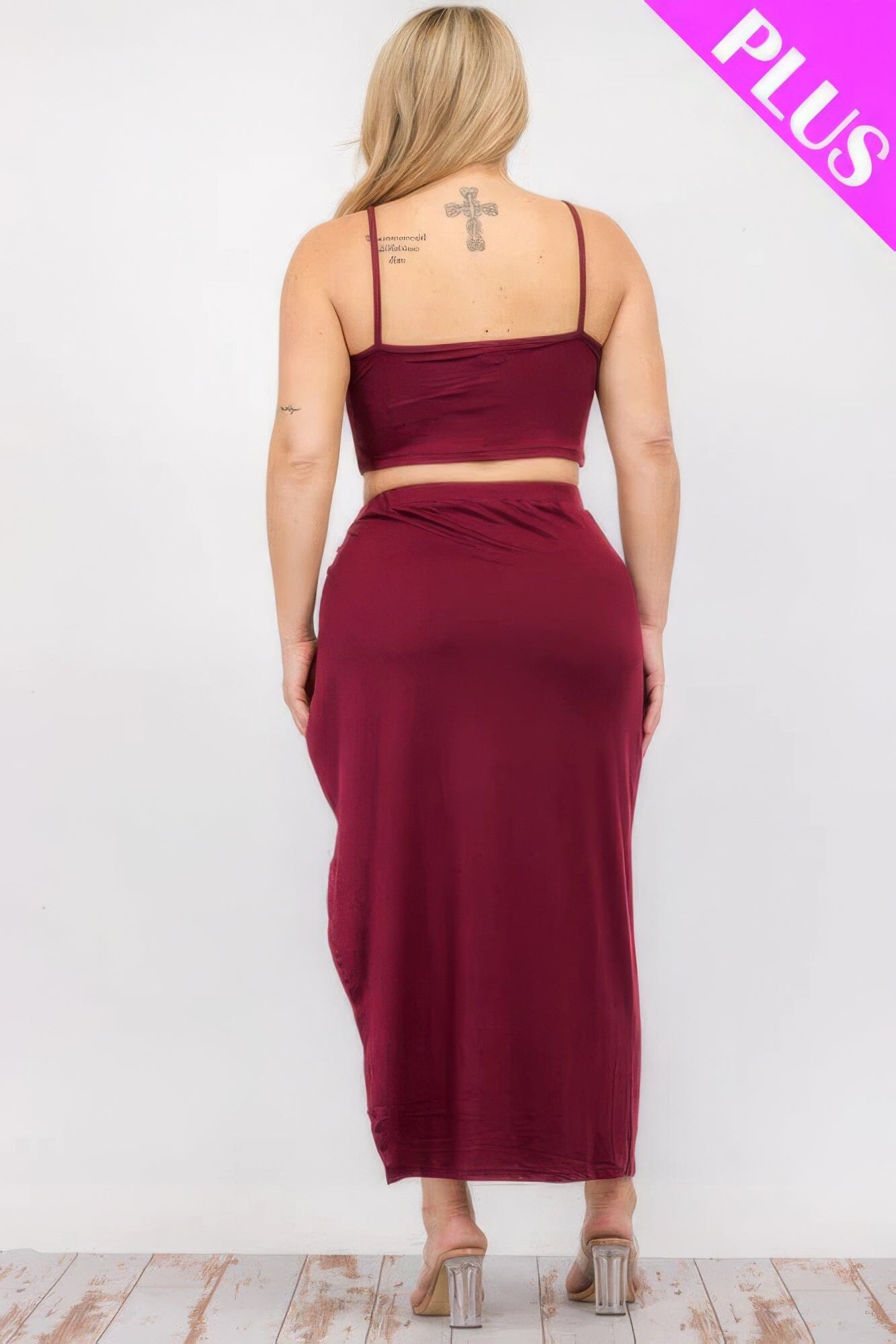Plus Size Crop Cami & Split Thigh Maxi Skirt Set Outfit Sets jehouze