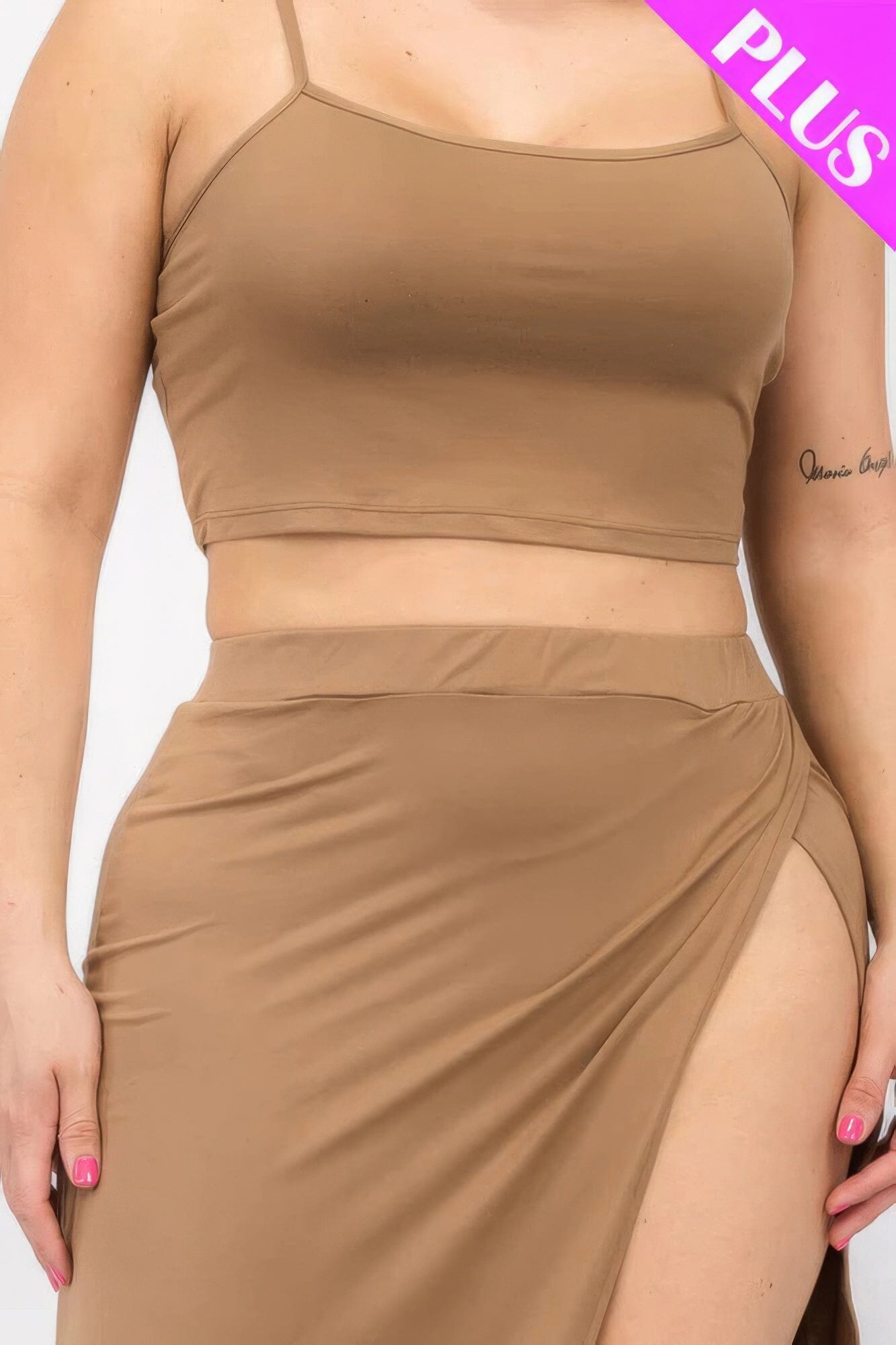 Plus Size Crop Cami & Split Thigh Maxi Skirt Set Outfit Sets jehouze