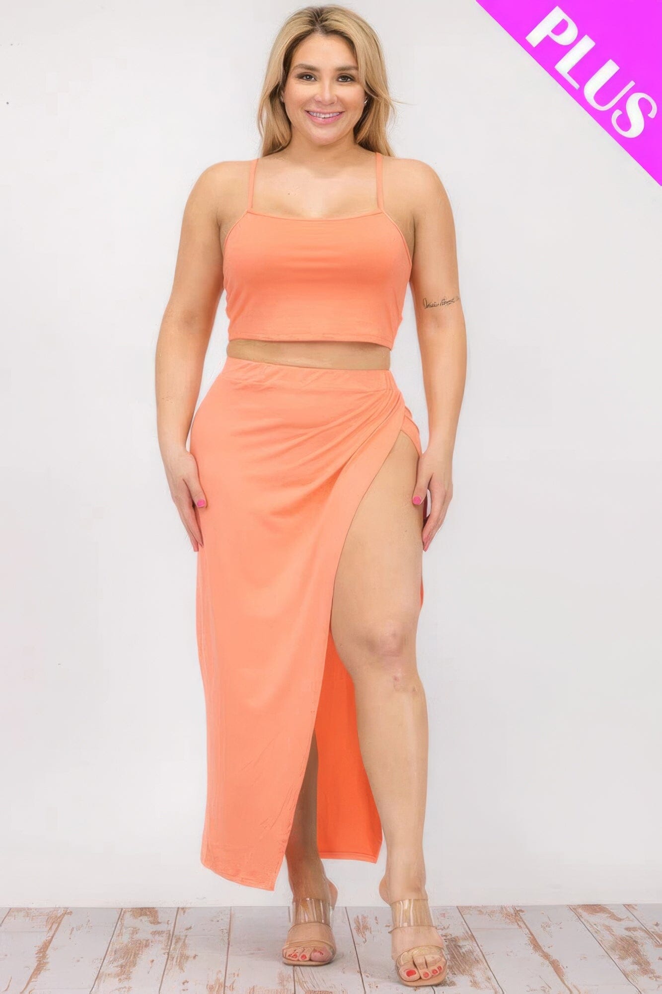 Plus Size Crop Cami & Split Thigh Maxi Skirt Set Outfit Sets jehouze