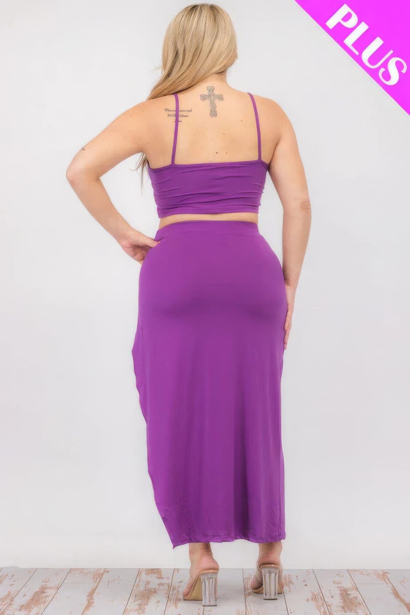 Plus Size Crop Cami & Split Thigh Maxi Skirt Set Outfit Sets jehouze