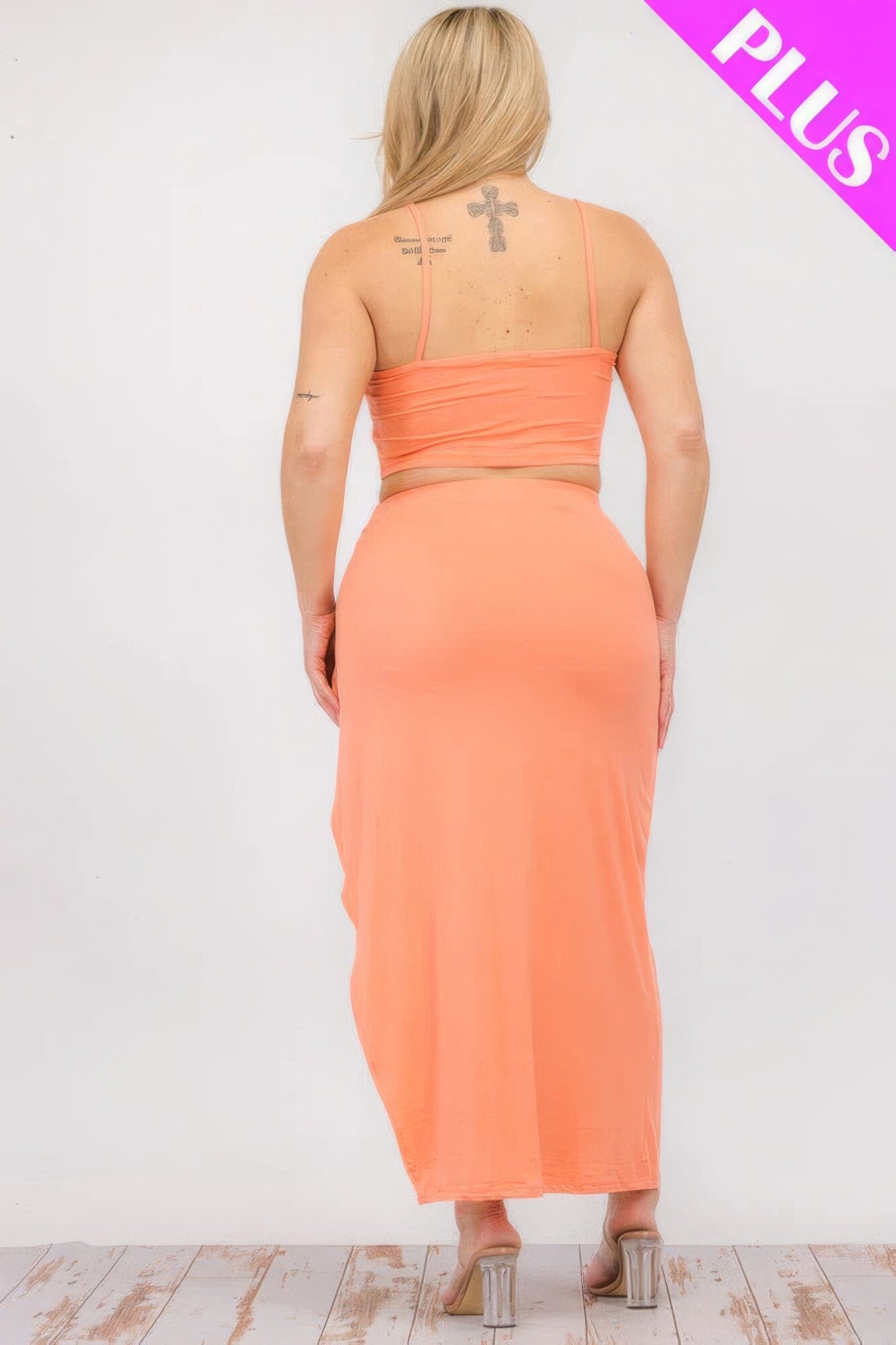 Plus Size Crop Cami & Split Thigh Maxi Skirt Set Outfit Sets jehouze
